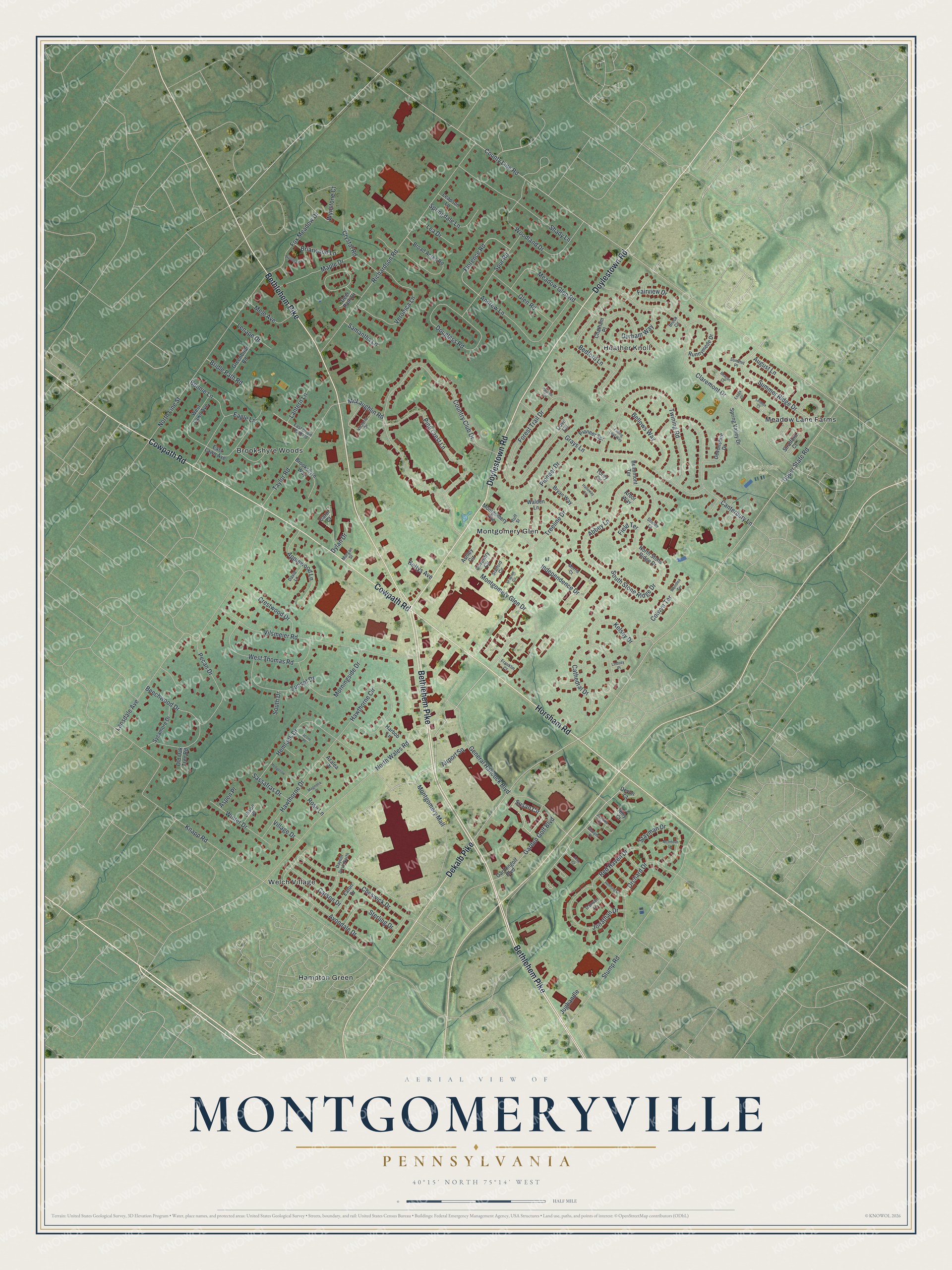 Full map of Montgomeryville, Pennsylvania, with red buildings, printed street names and the land around them