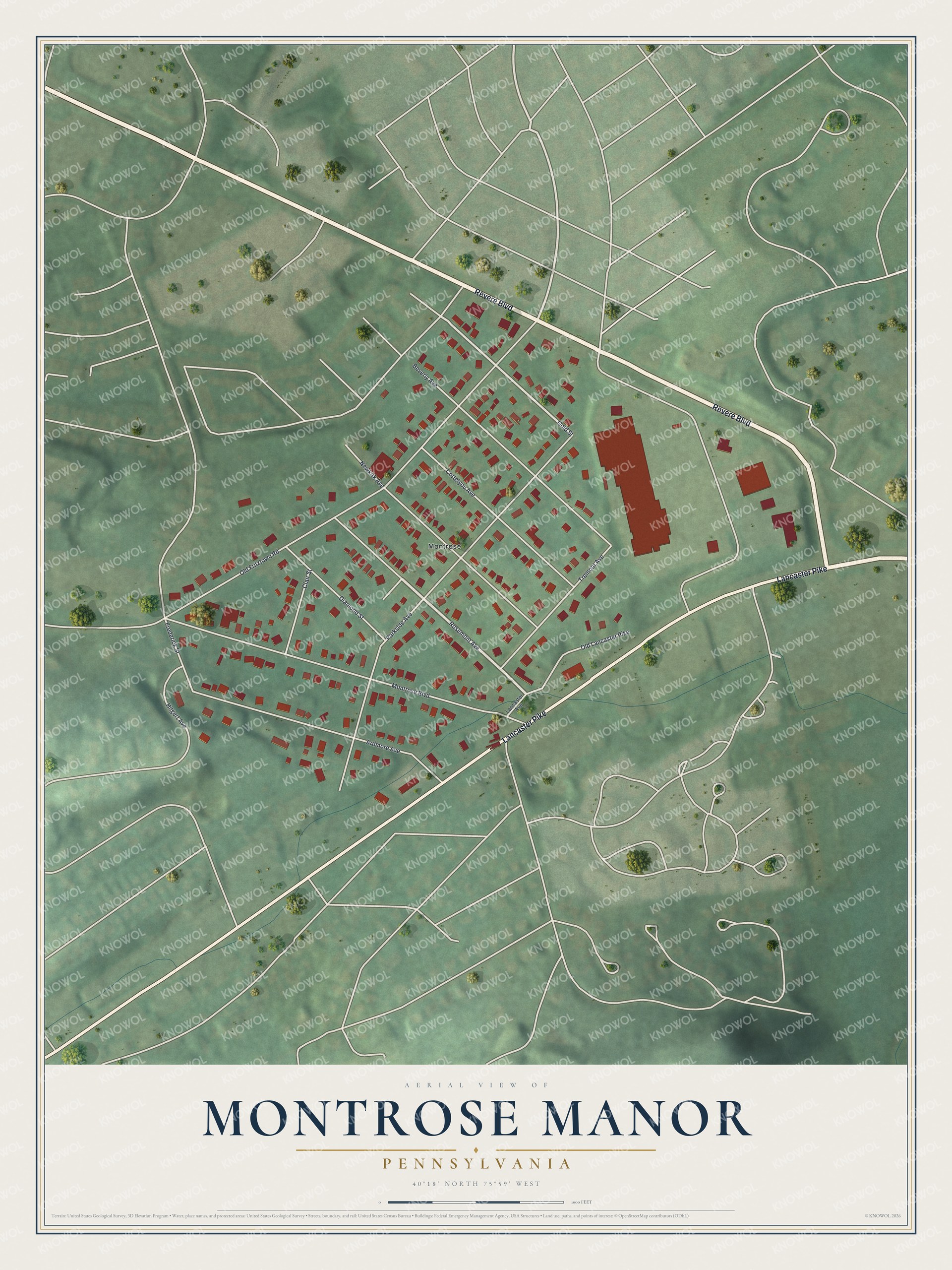 Full map of Montrose Manor, Pennsylvania, with red buildings, printed street names and the land around them