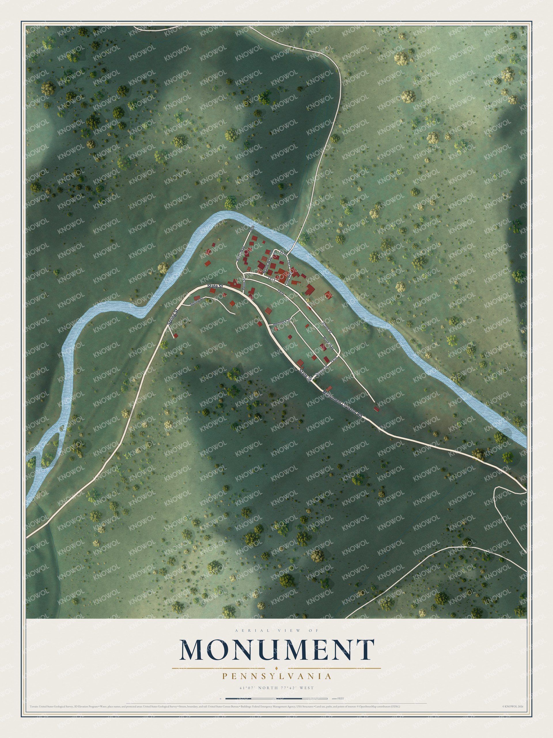 Full map of Monument, Pennsylvania, with red buildings, printed street names and the land around them