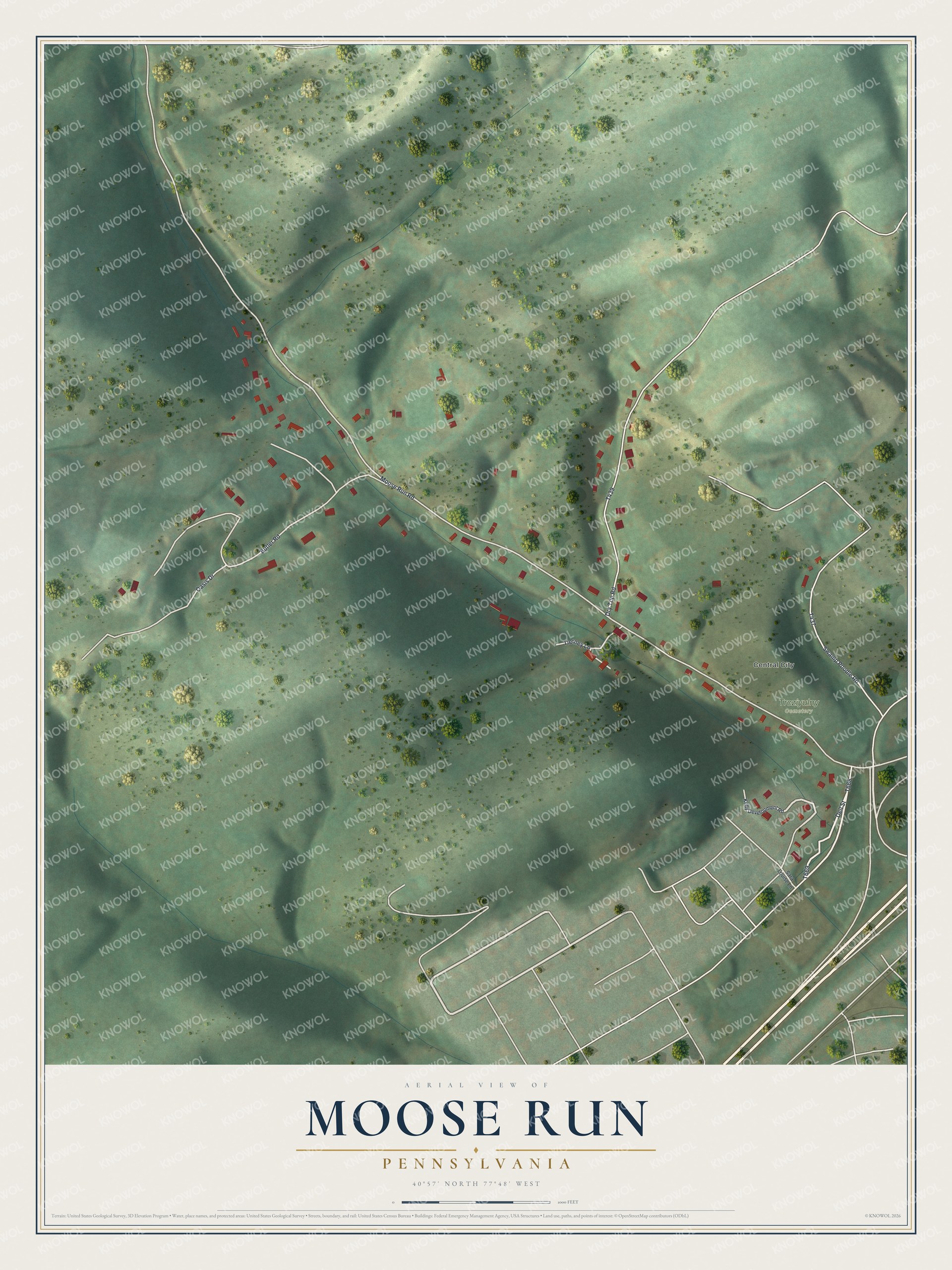 Full map of Moose Run, Pennsylvania, with red buildings, printed street names and the land around them