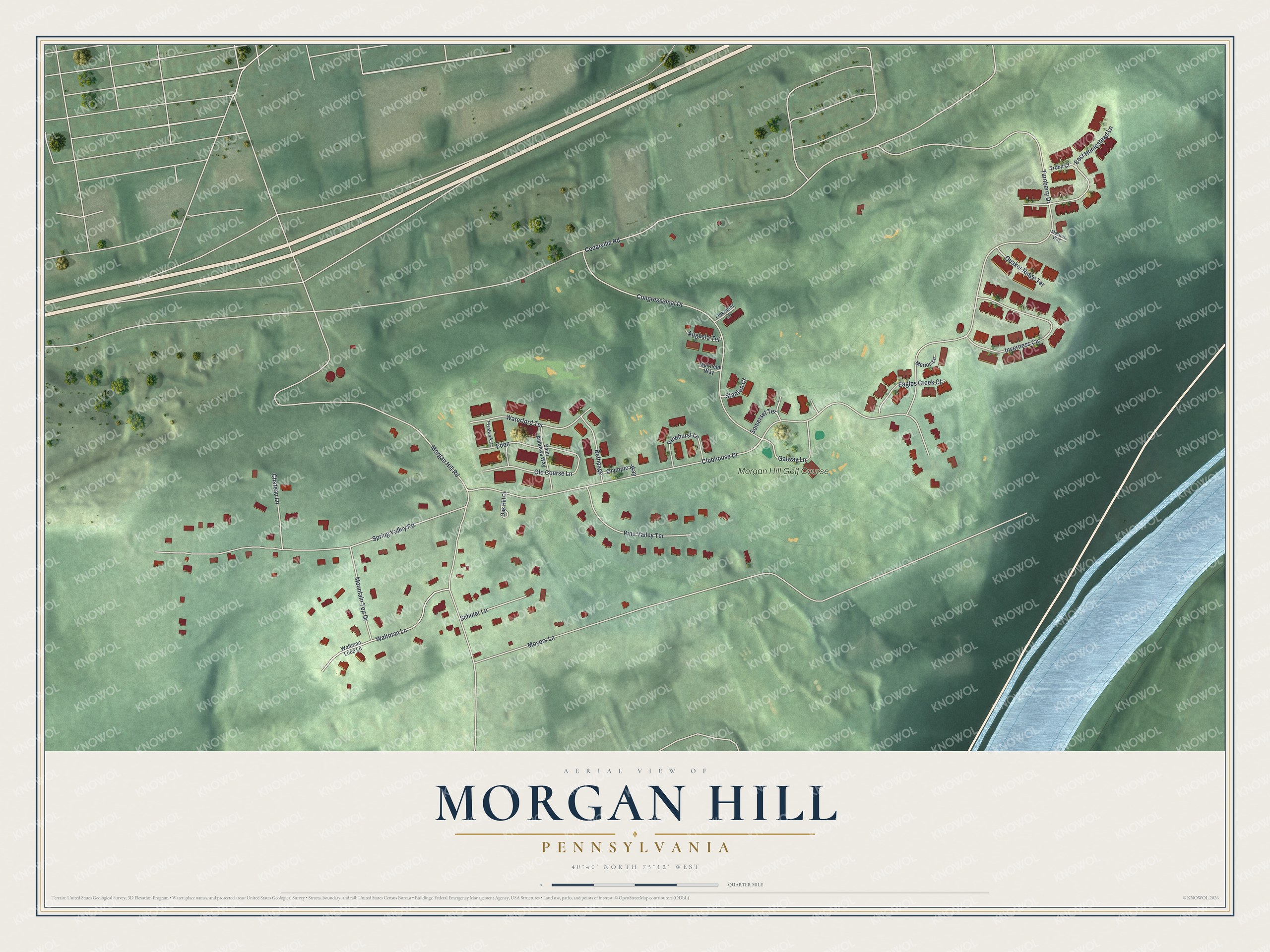 Full map of Morgan Hill, Pennsylvania, with red buildings, printed street names and the land around them