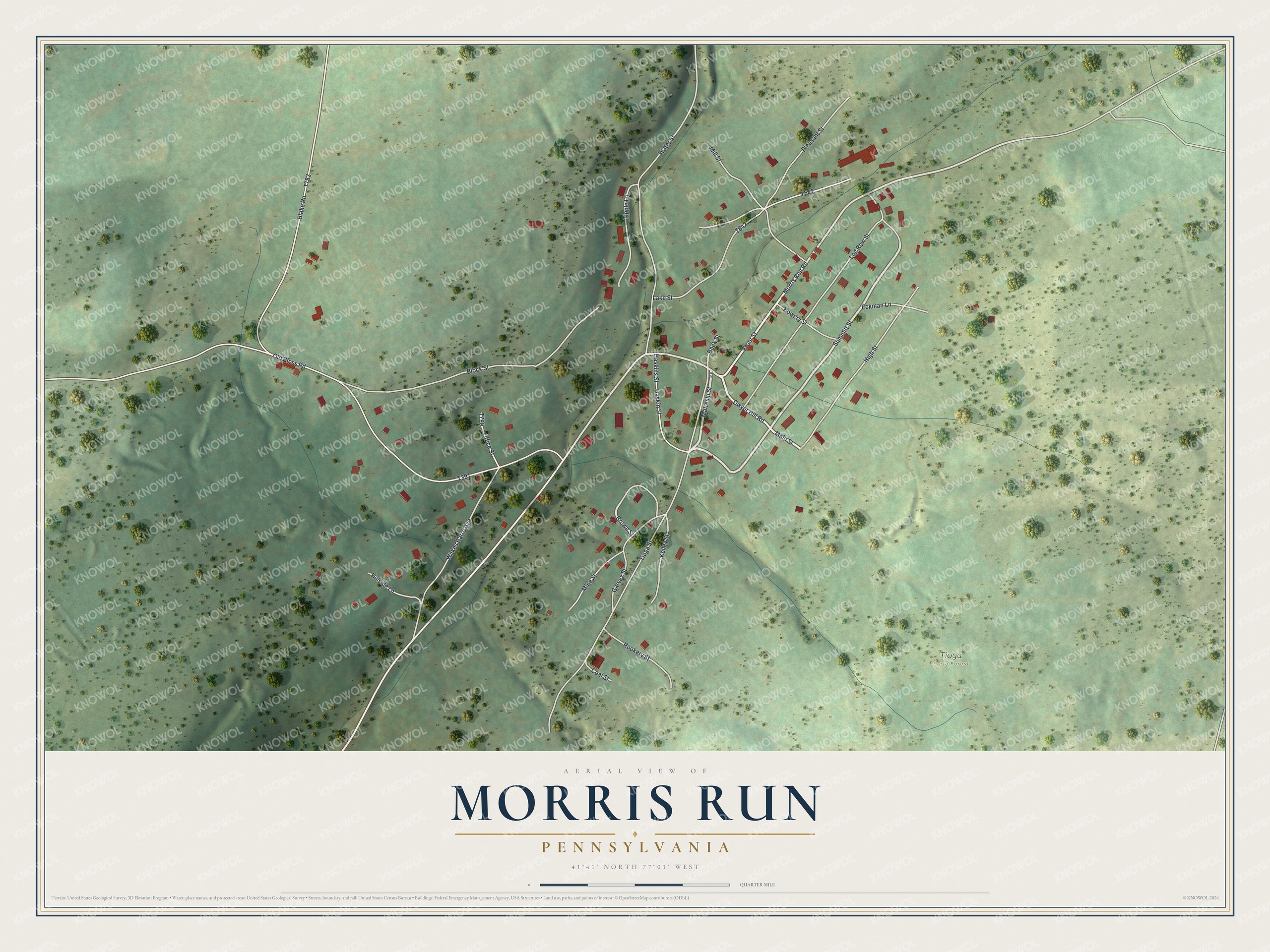 Full map of Morris Run, Pennsylvania, with red buildings, printed street names and the land around them