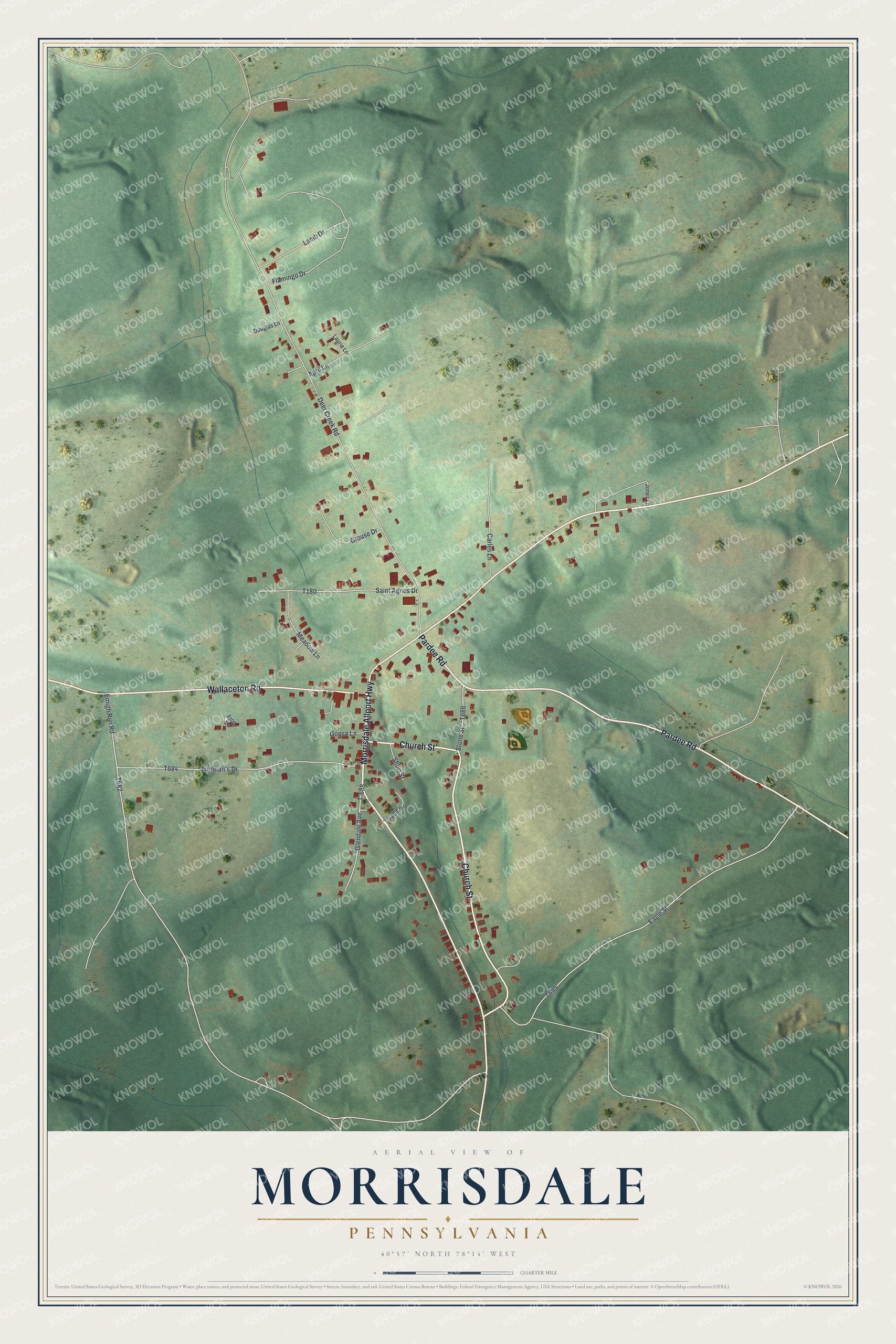 Full map of Morrisdale, Pennsylvania, with red buildings, printed street names and the land around them