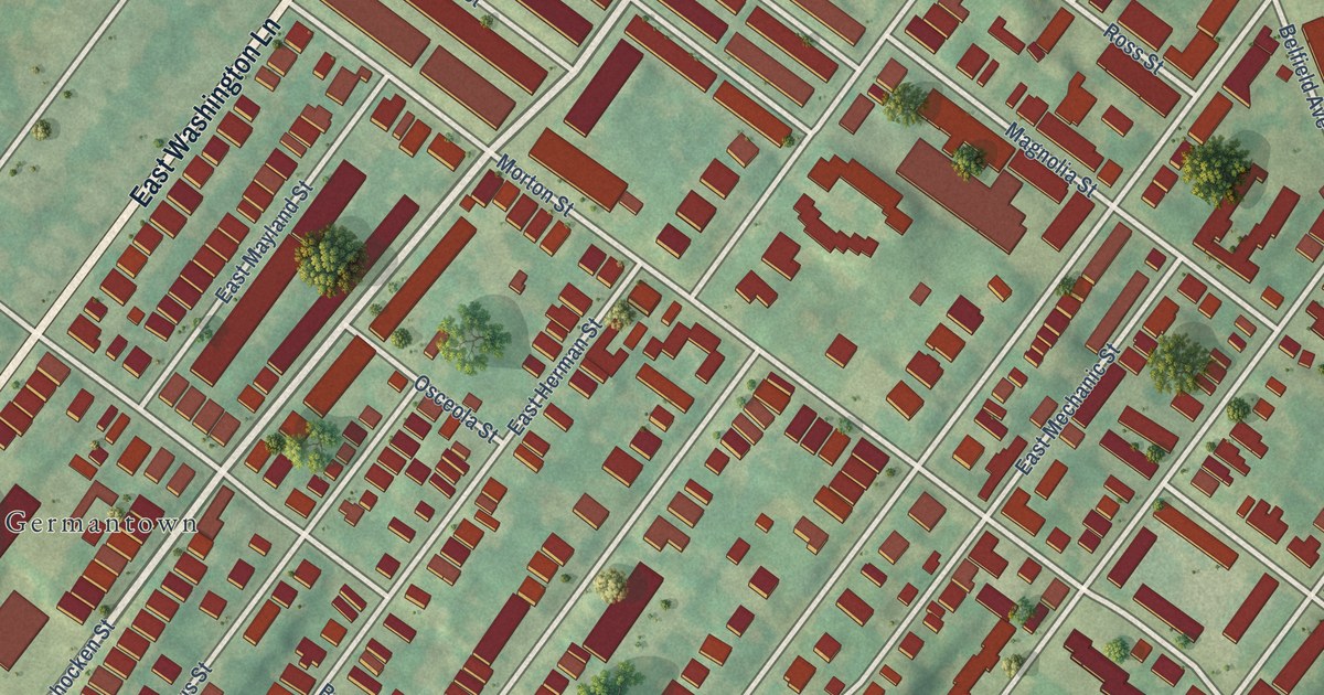 Close-up of streets and buildings in Morton, Philadelphia, Pennsylvania