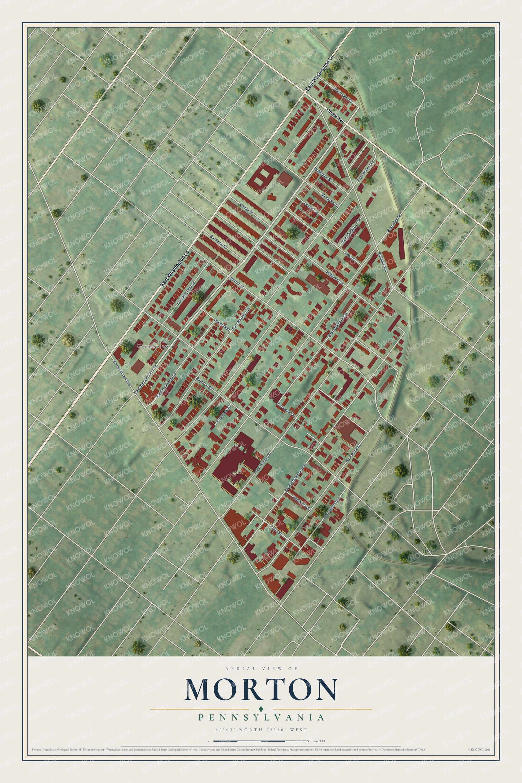 Full map of Morton, Pennsylvania, with red buildings, printed street names and the land around them