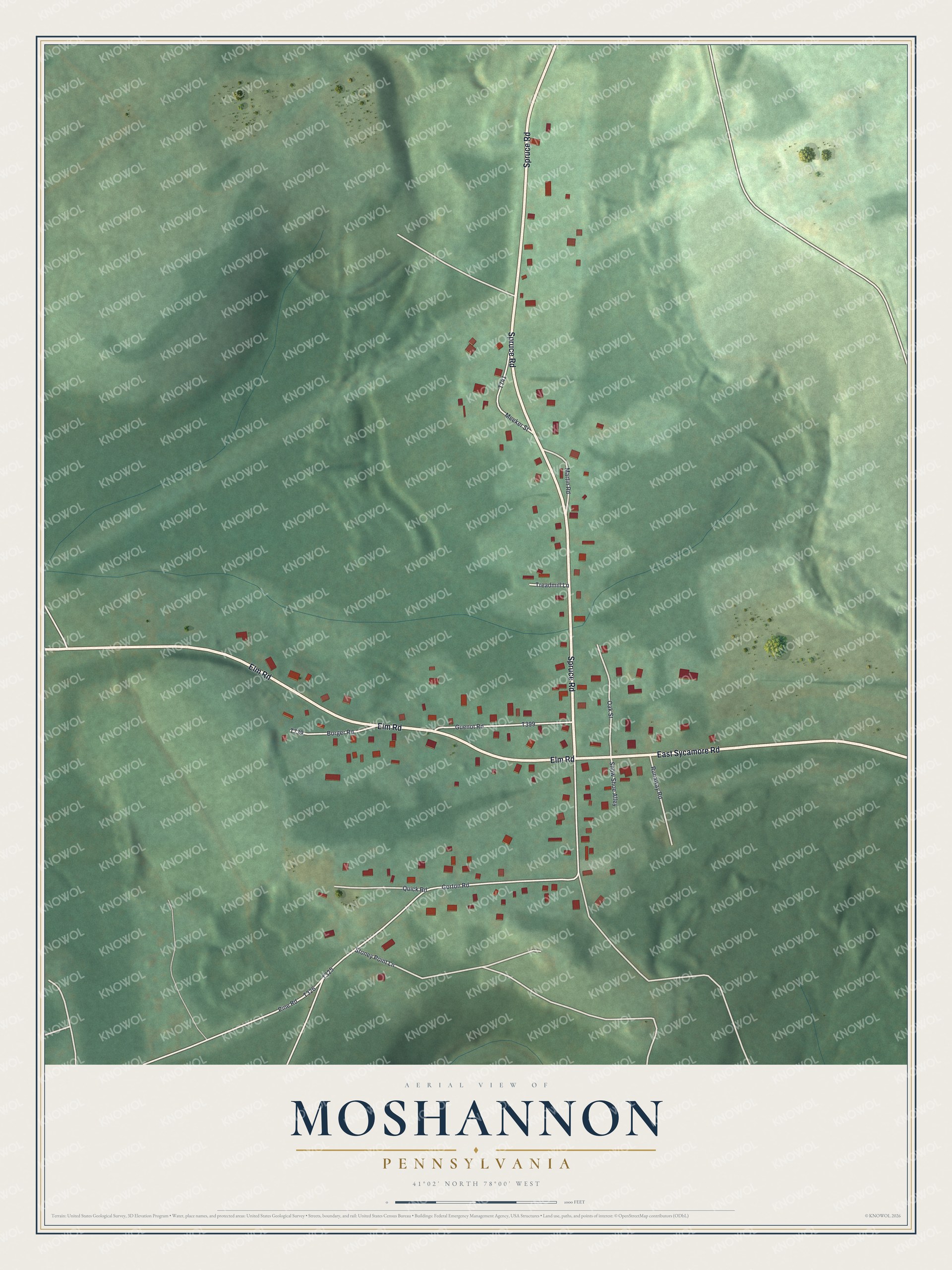 Full map of Moshannon, Pennsylvania, with red buildings, printed street names and the land around them