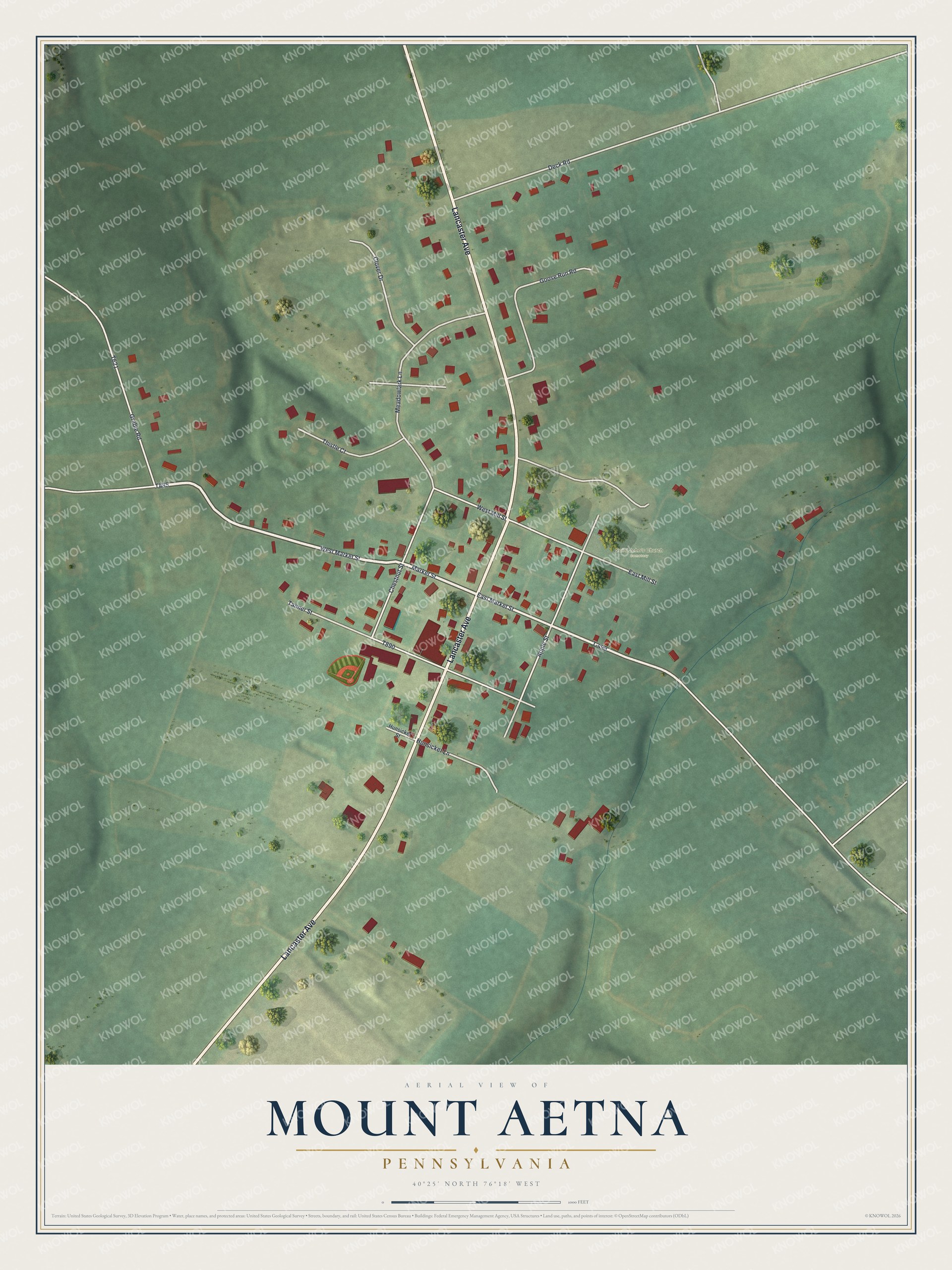 Full map of Mount Aetna, Pennsylvania, with red buildings, printed street names and the land around them