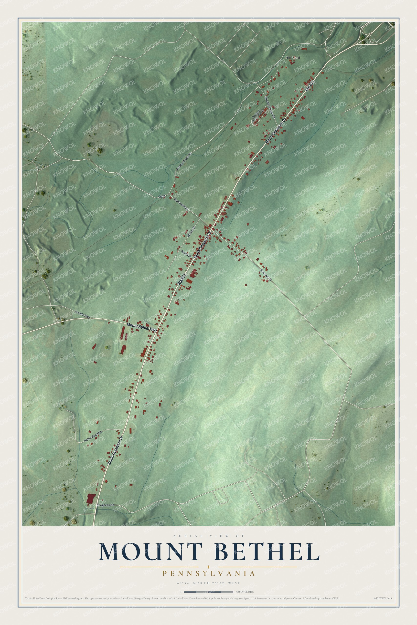 Full map of Mount Bethel, Pennsylvania, with red buildings, printed street names and the land around them