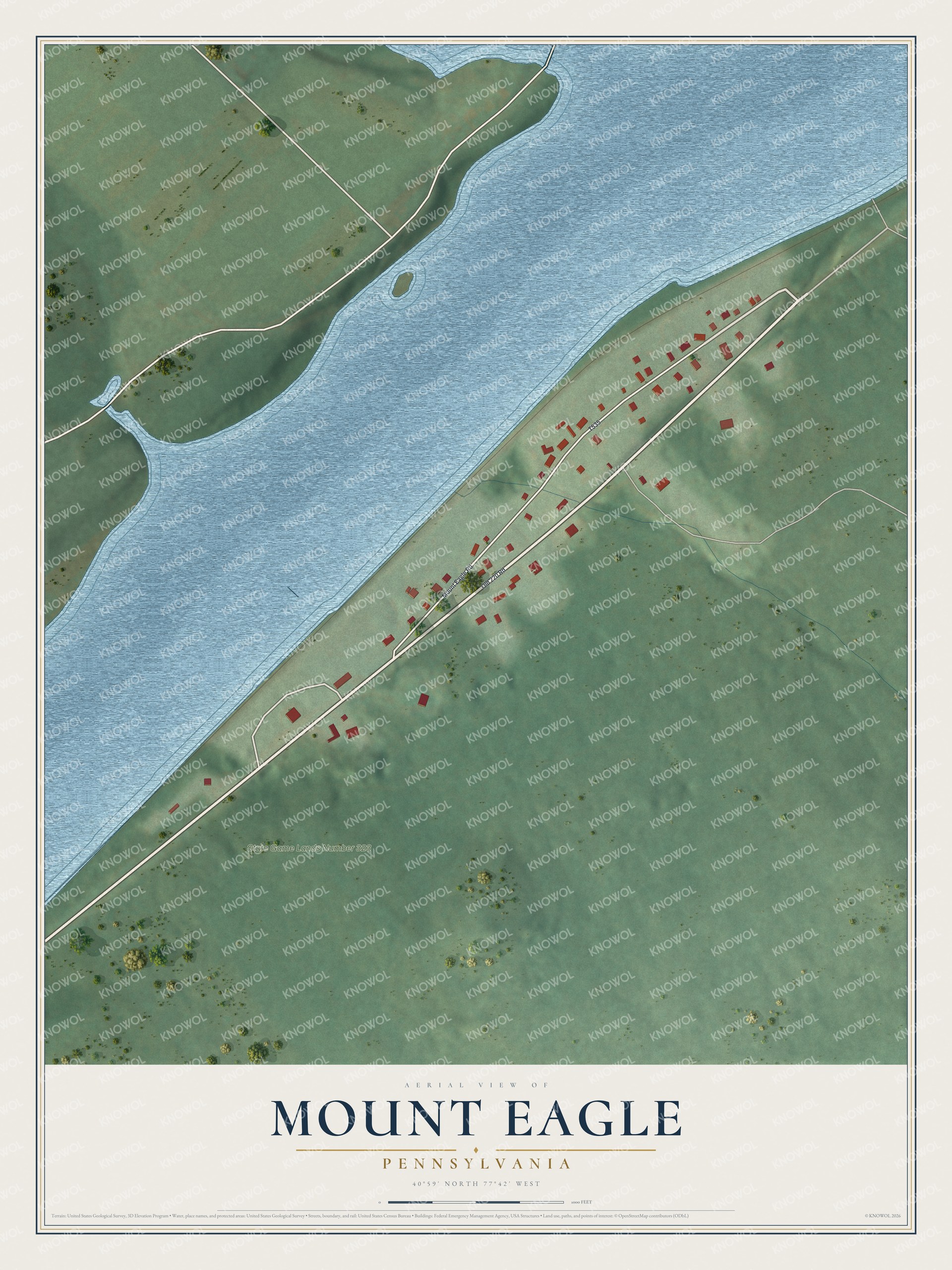 Full map of Mount Eagle, Pennsylvania, with red buildings, printed street names and the land around them