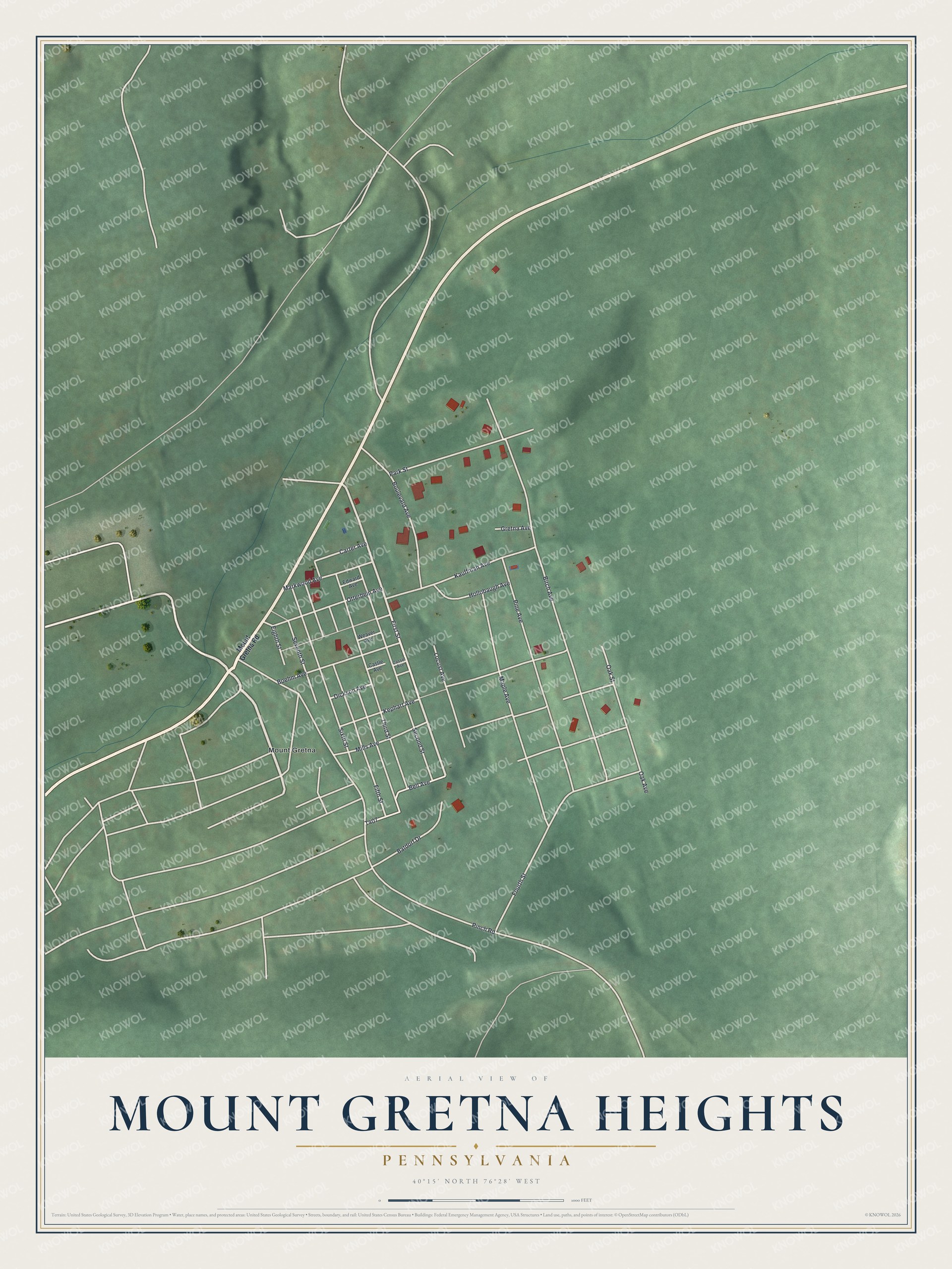 Full map of Mount Gretna Heights, Pennsylvania, with red buildings, printed street names and the land around them