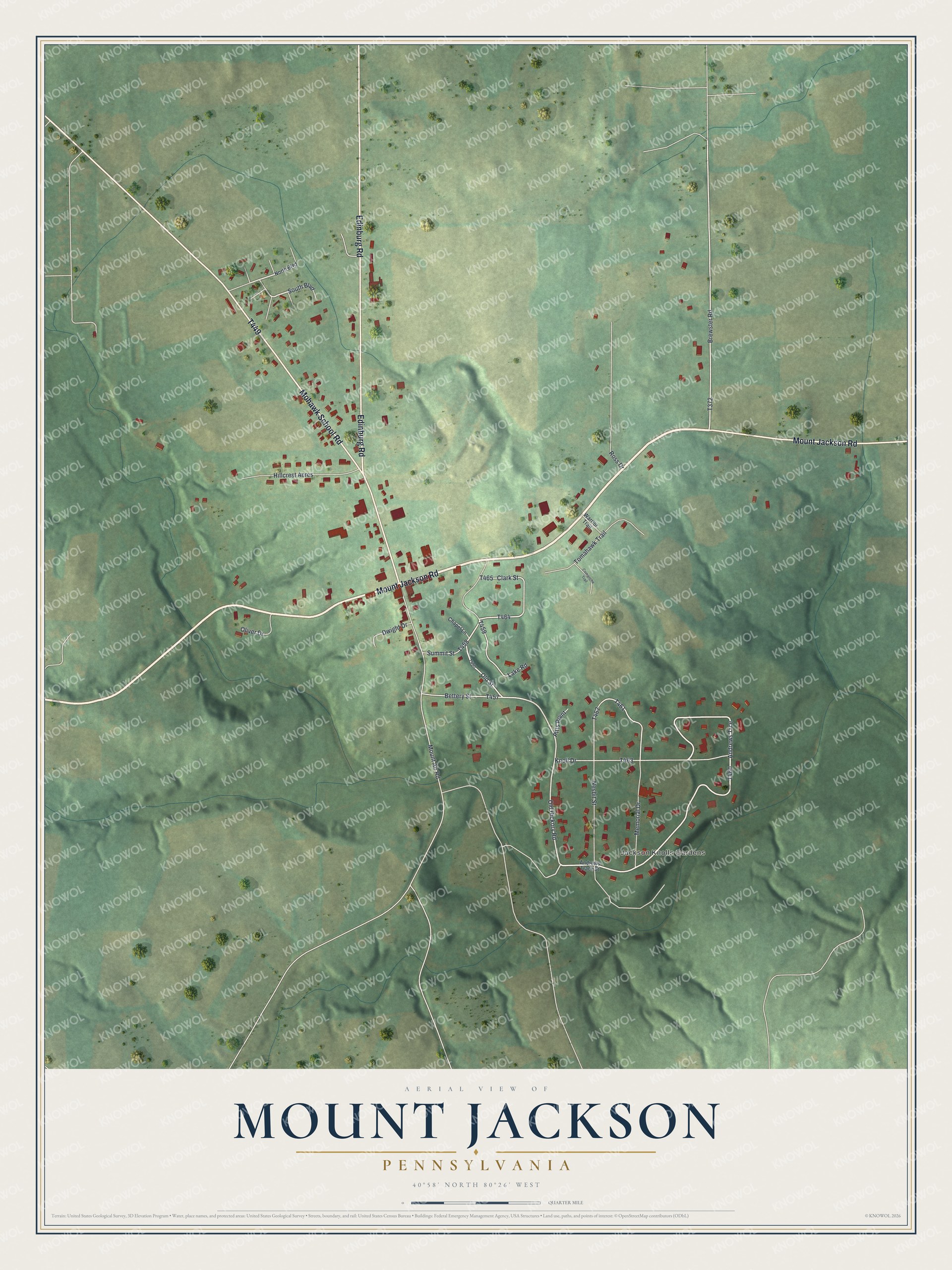 Full map of Mount Jackson, Pennsylvania, with red buildings, printed street names and the land around them