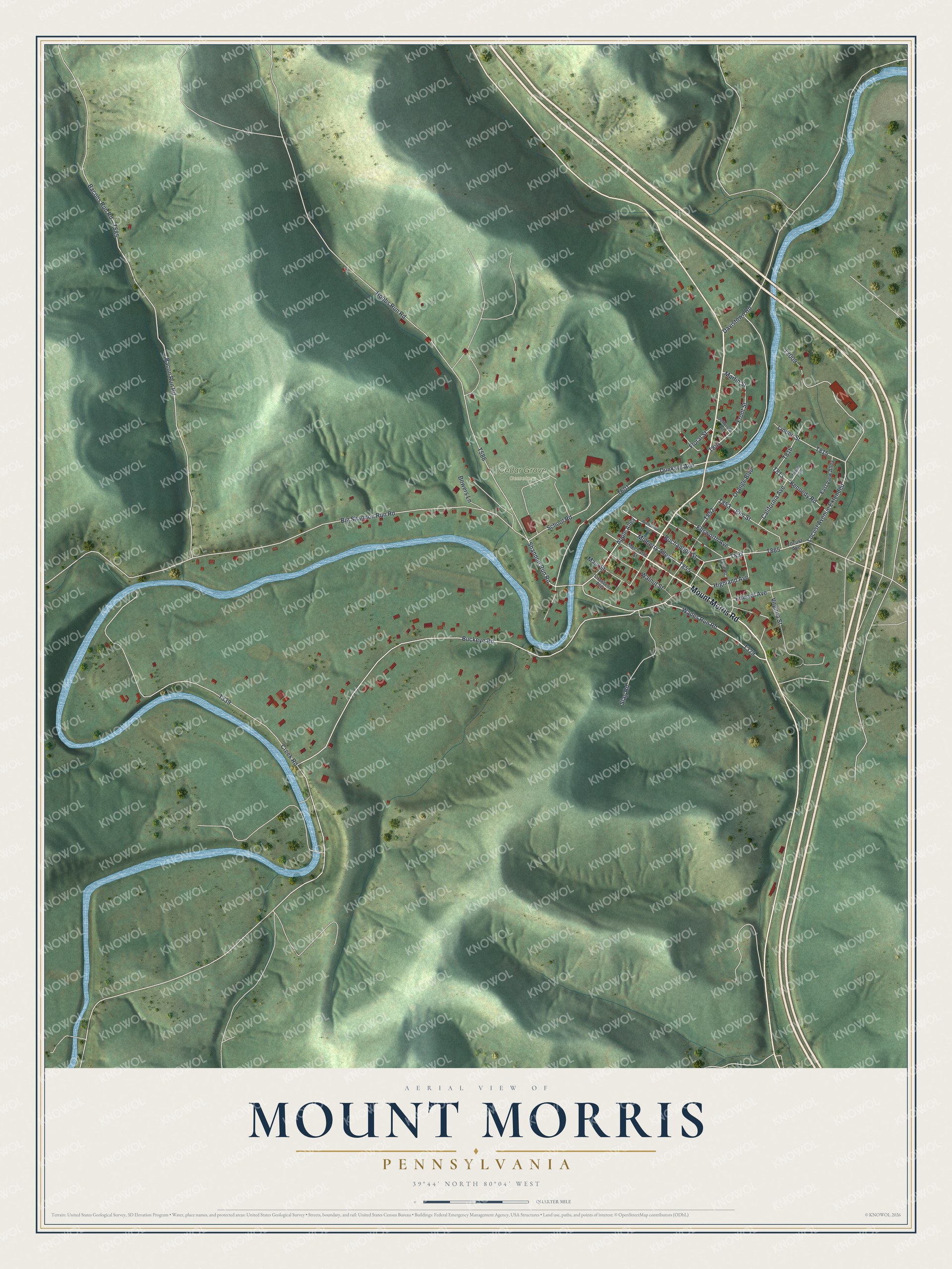 Full map of Mount Morris, Pennsylvania, with red buildings, printed street names and the land around them