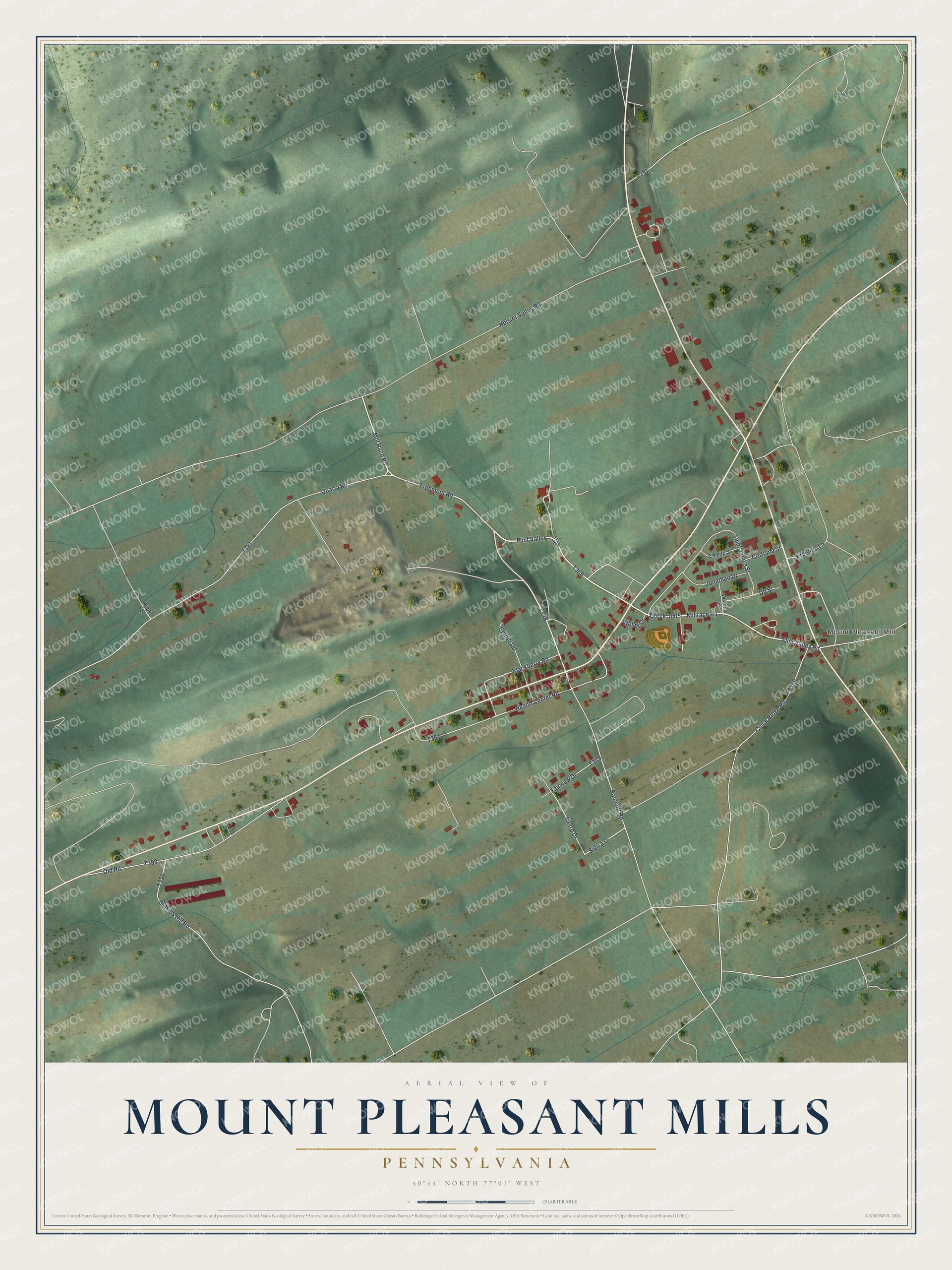 Full map of Mount Pleasant Mills, Pennsylvania, with red buildings, printed street names and the land around them