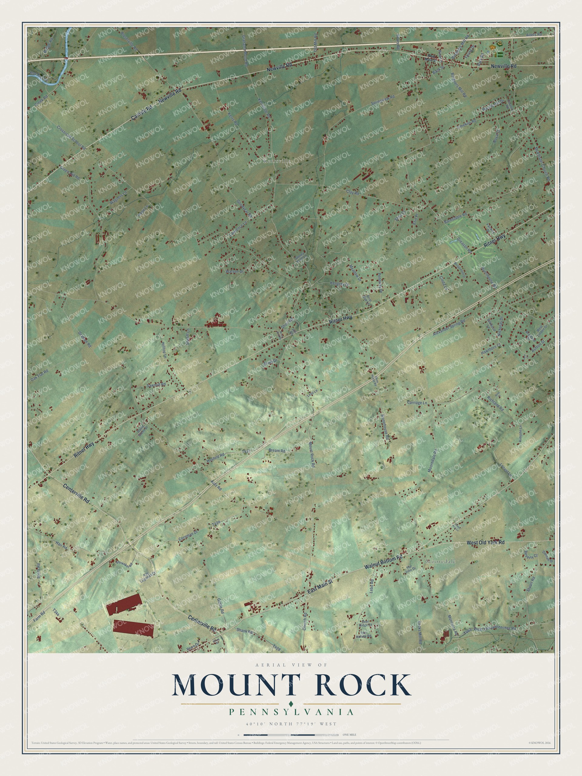 Full map of Mount Rock, Pennsylvania, with red buildings, printed street names and the land around them