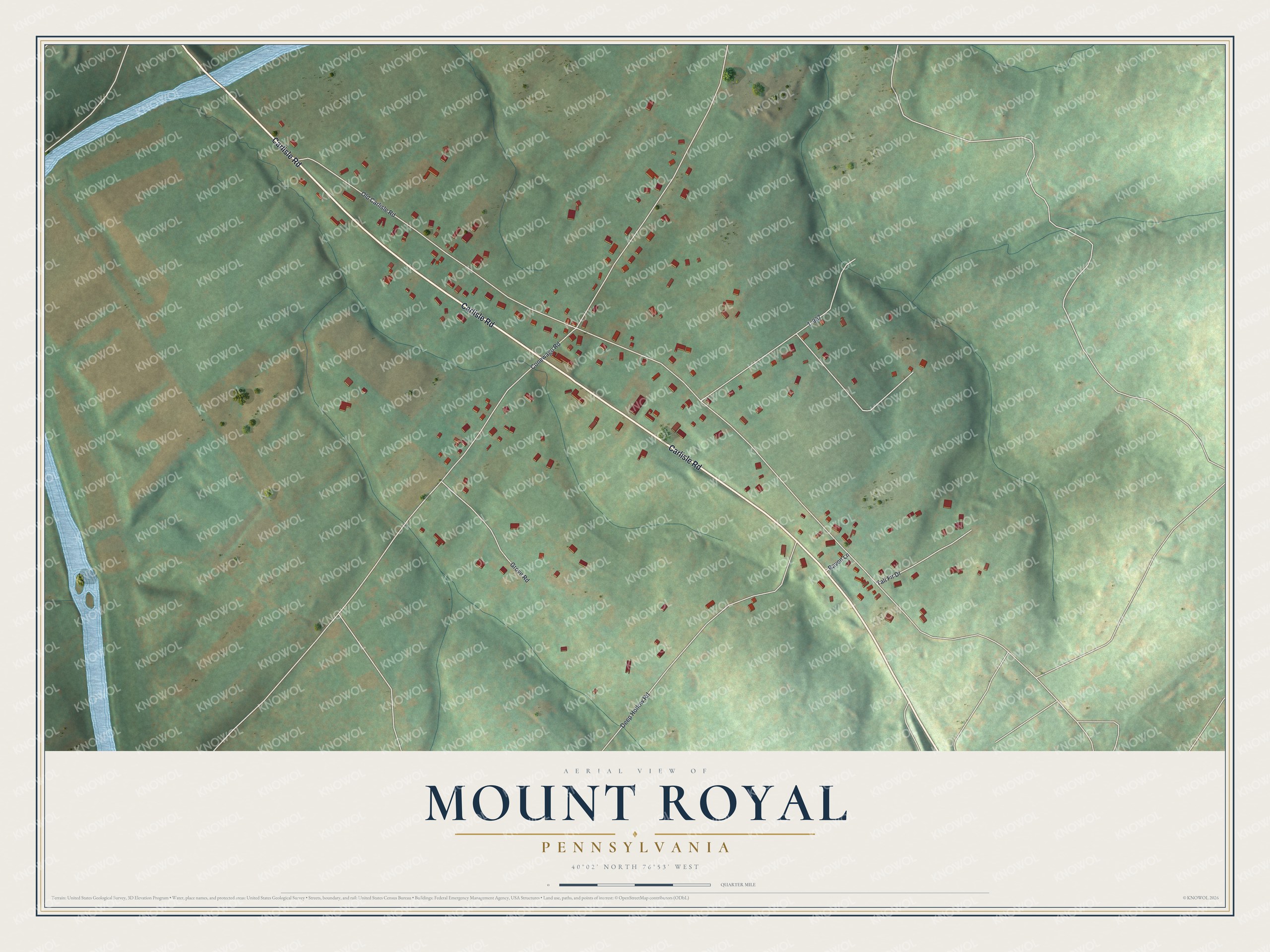 Full map of Mount Royal, Pennsylvania, with red buildings, printed street names and the land around them