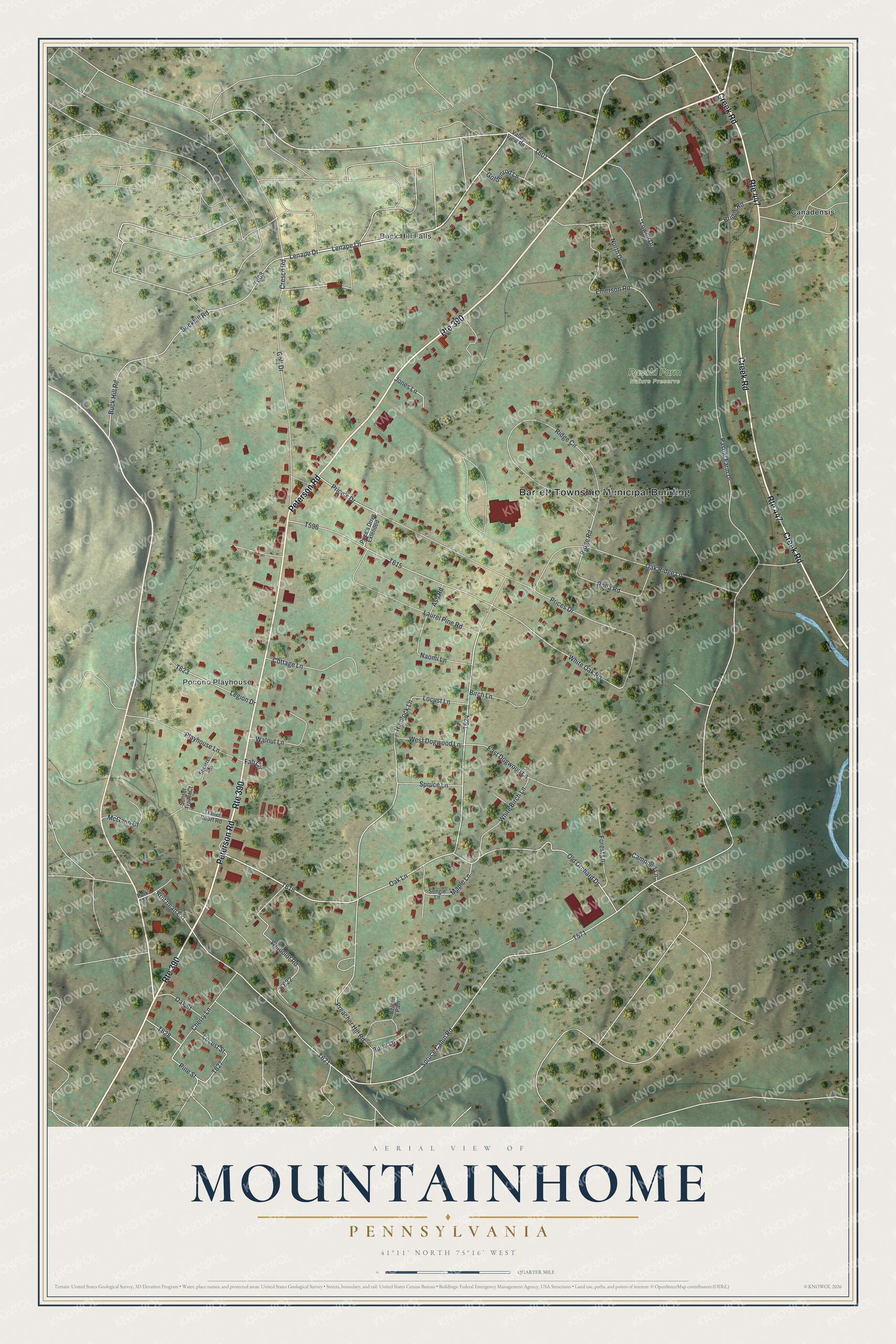 Full map of Mountainhome, Pennsylvania, with red buildings, printed street names and the land around them