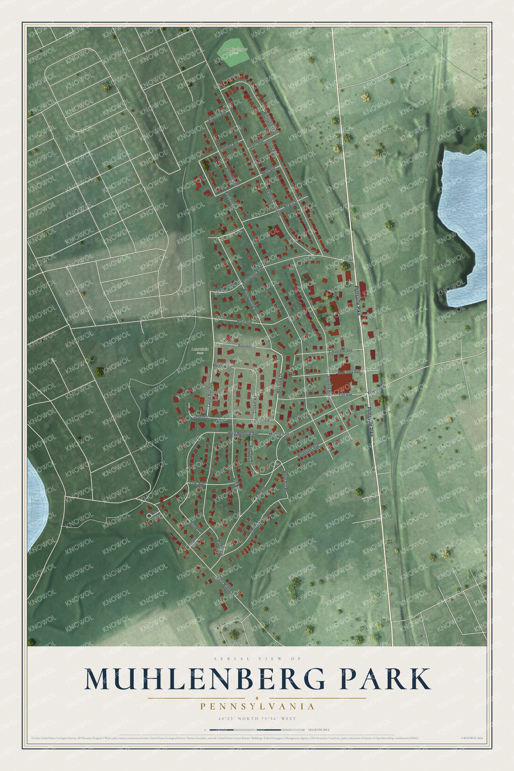 Full map of Muhlenberg Park, Pennsylvania, with red buildings, printed street names and the land around them