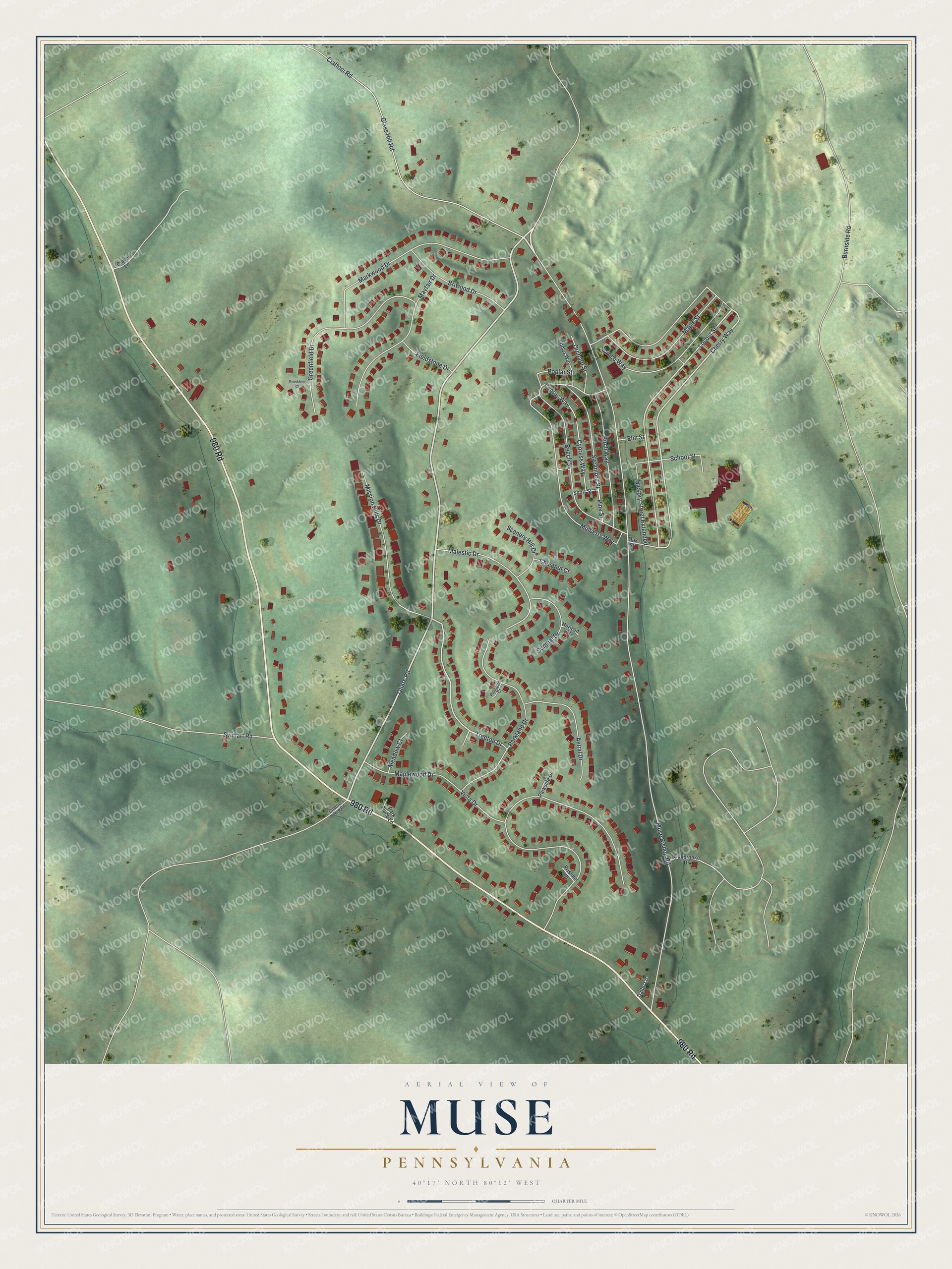 Full map of Muse, Pennsylvania, with red buildings, printed street names and the land around them