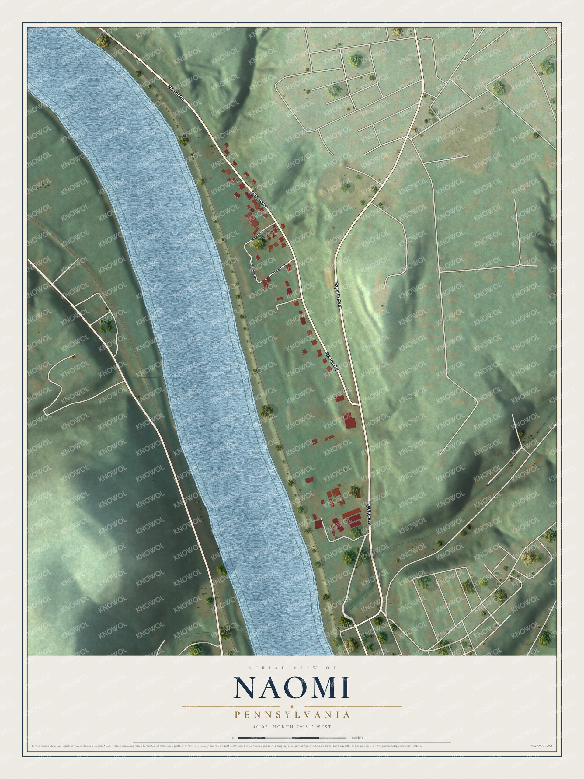Full map of Naomi, Pennsylvania, with red buildings, printed street names and the land around them