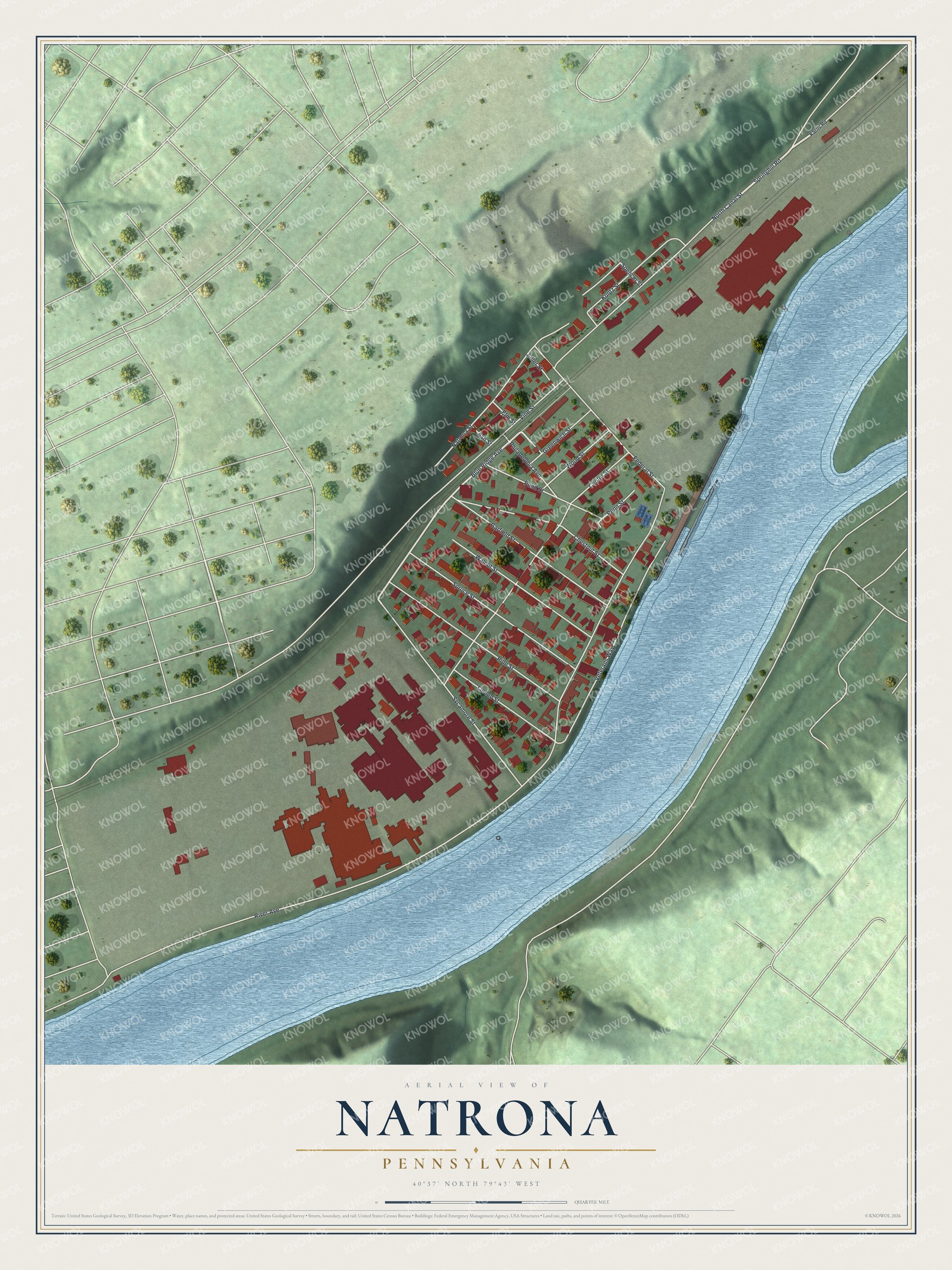 Full map of Natrona, Pennsylvania, with red buildings, printed street names and the land around them
