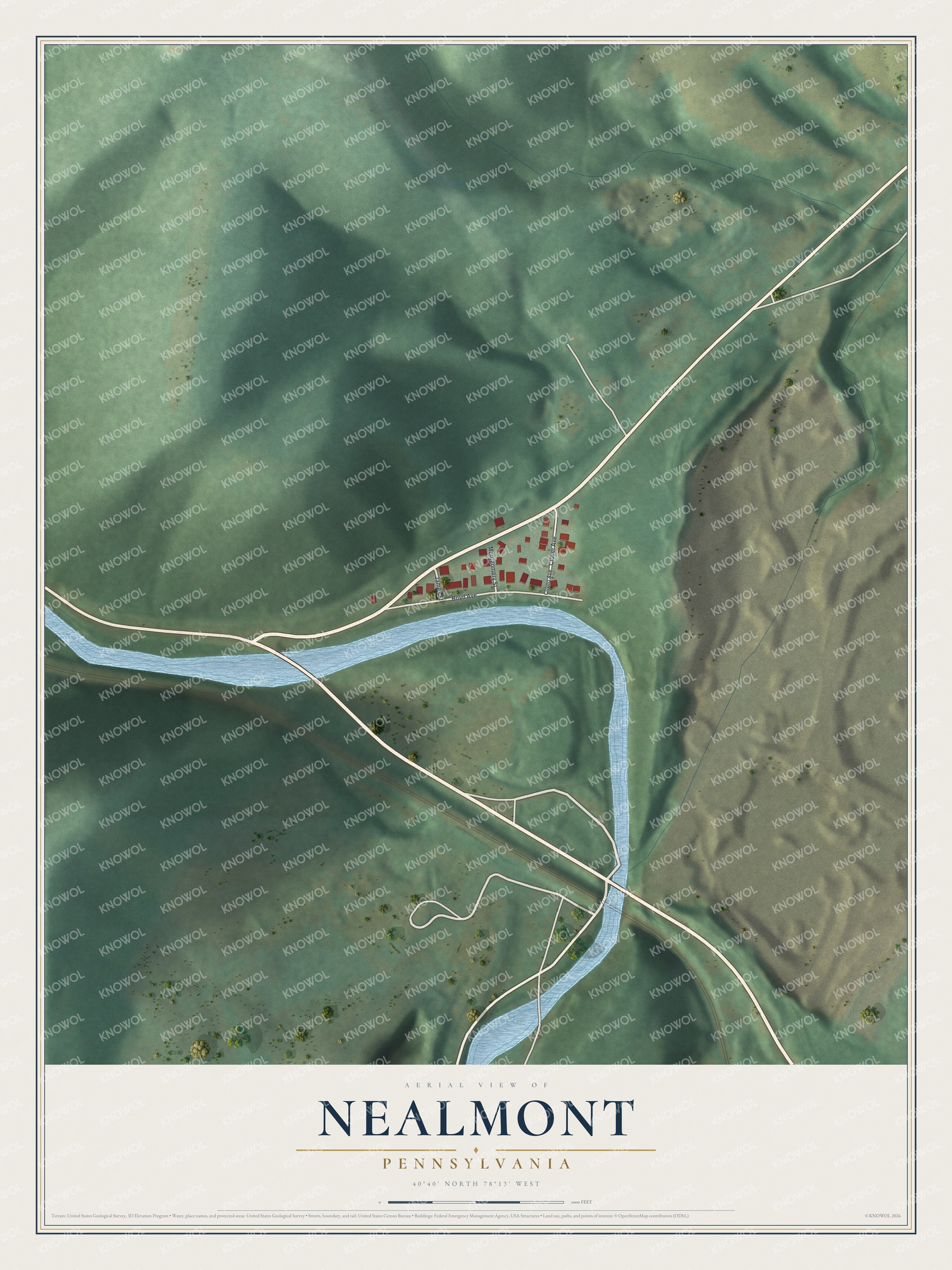 Full map of Nealmont, Pennsylvania, with red buildings, printed street names and the land around them