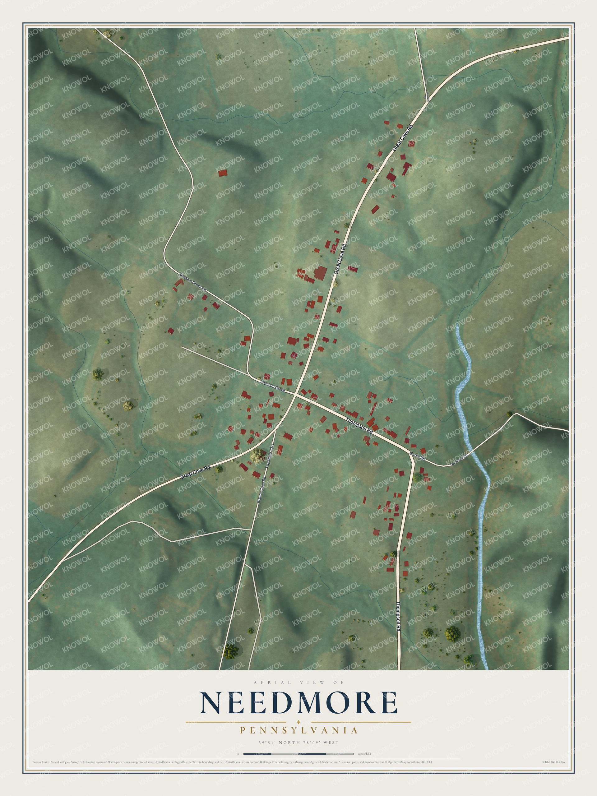Full map of Needmore, Pennsylvania, with red buildings, printed street names and the land around them