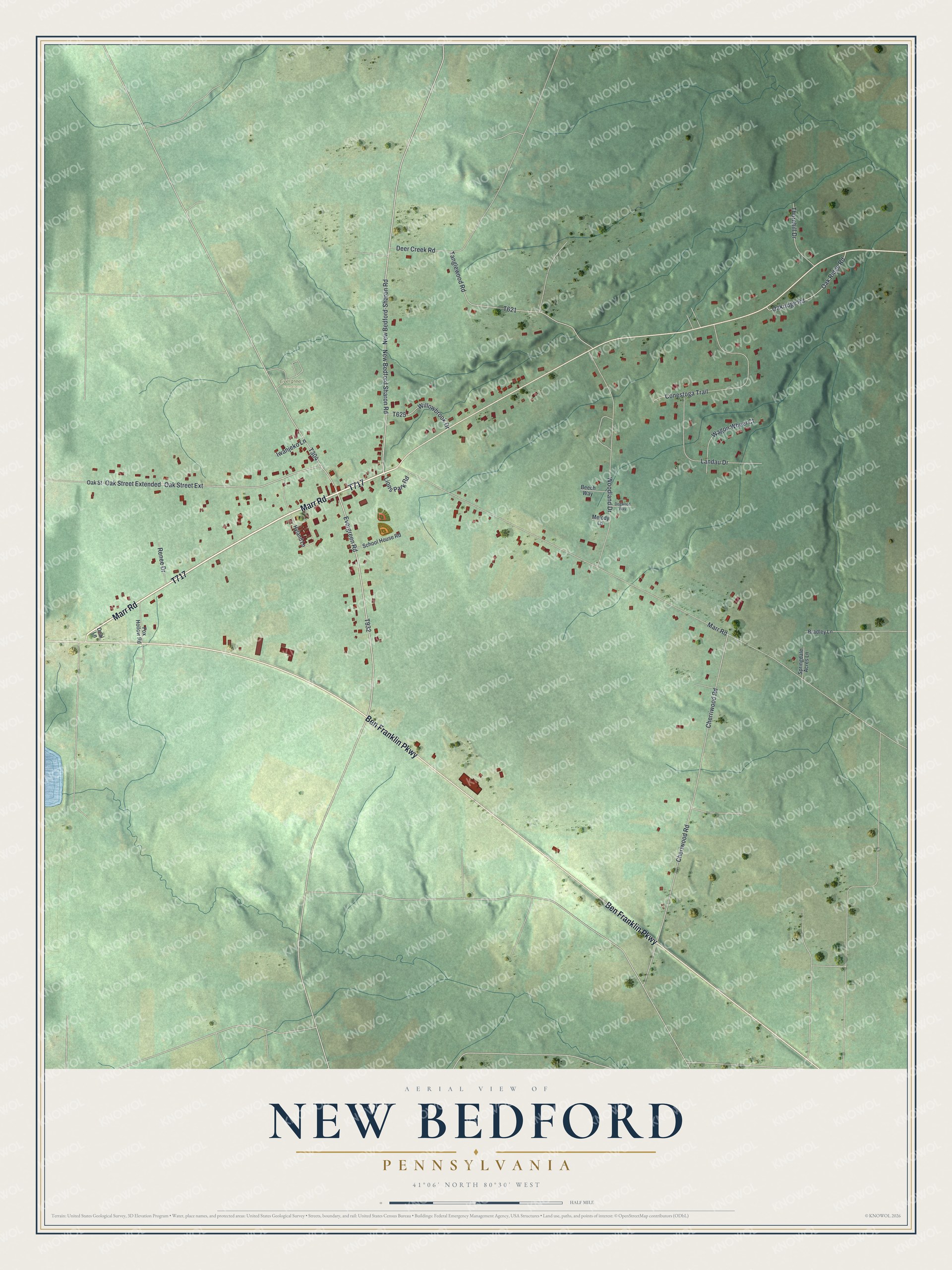 Full map of New Bedford, Pennsylvania, with red buildings, printed street names and the land around them