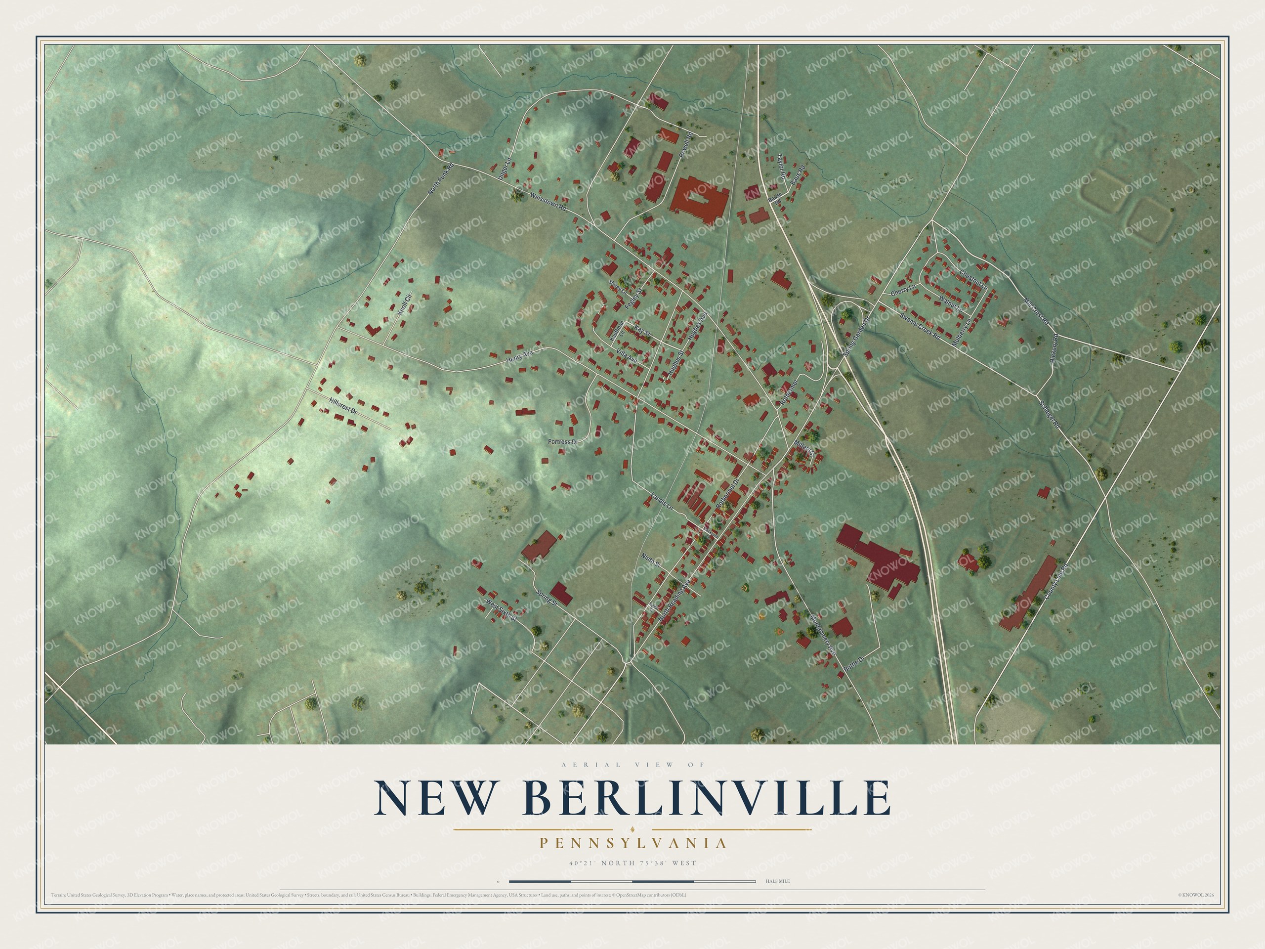 Full map of New Berlinville, Pennsylvania, with red buildings, printed street names and the land around them