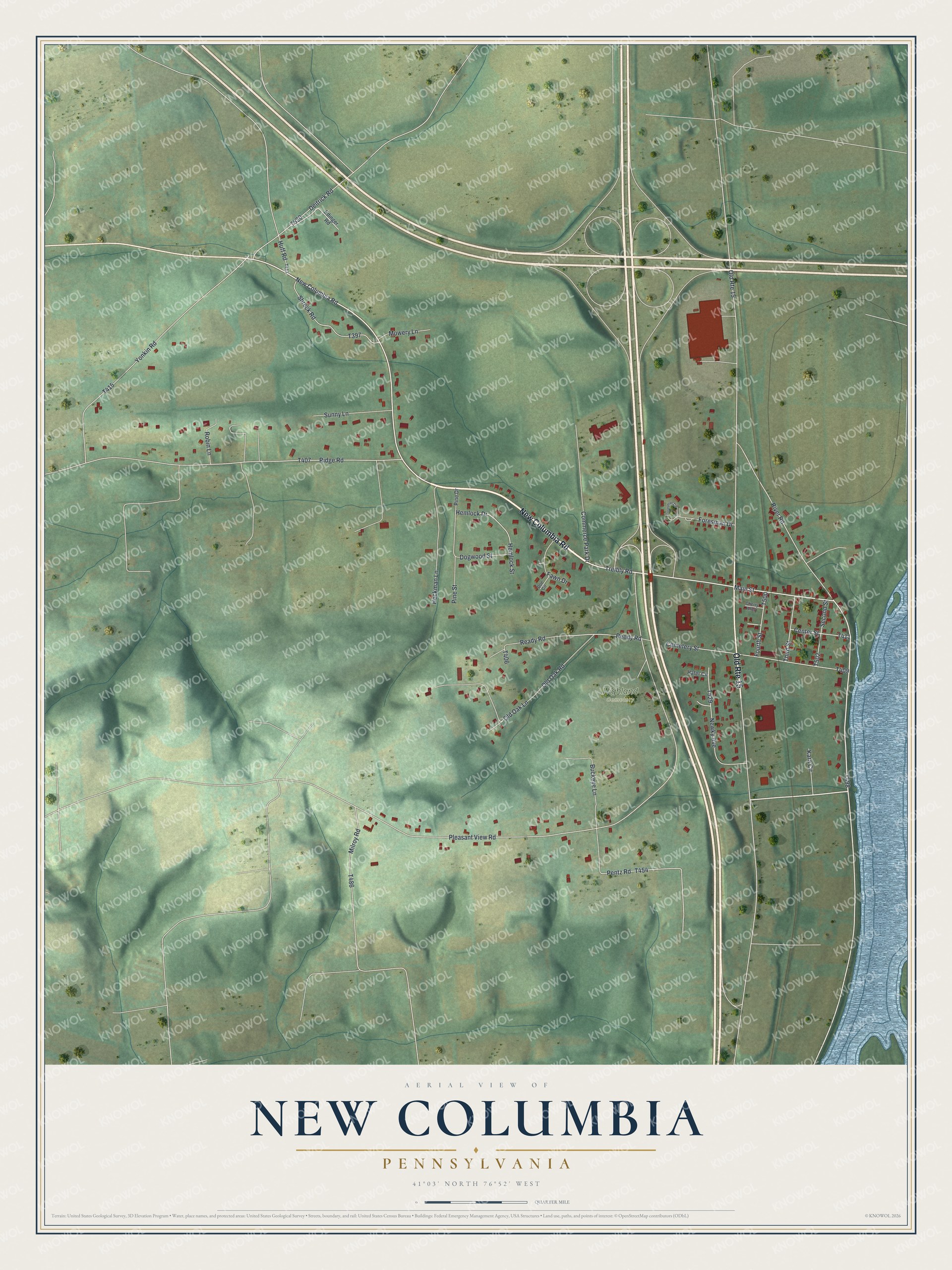 Full map of New Columbia, Pennsylvania, with red buildings, printed street names and the land around them