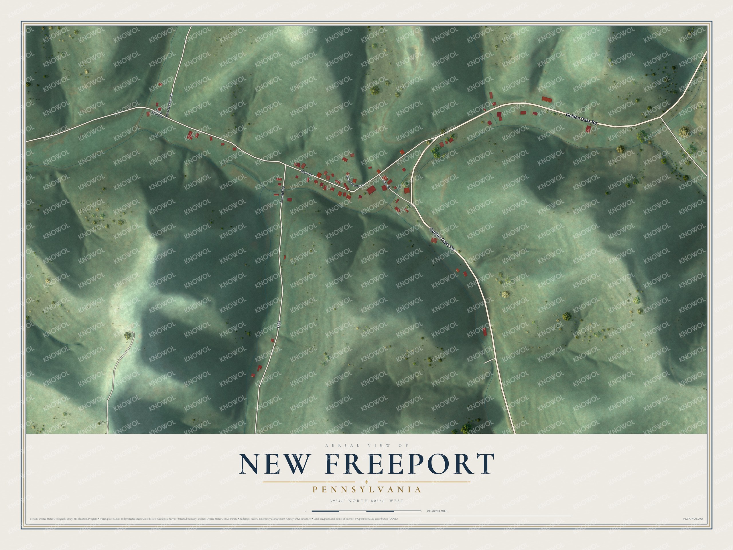 Full map of New Freeport, Pennsylvania, with red buildings, printed street names and the land around them