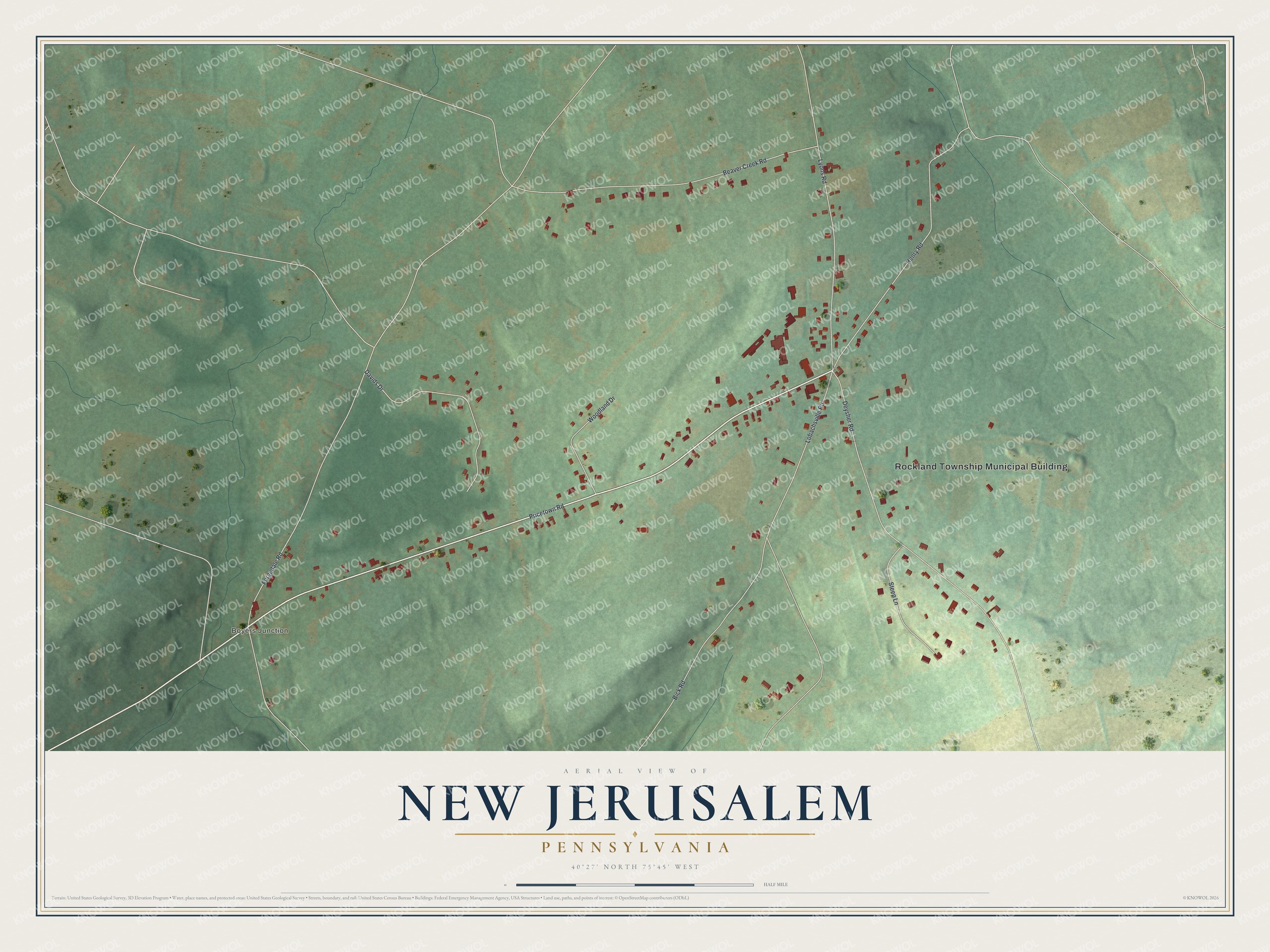 Full map of New Jerusalem, Pennsylvania, with red buildings, printed street names and the land around them