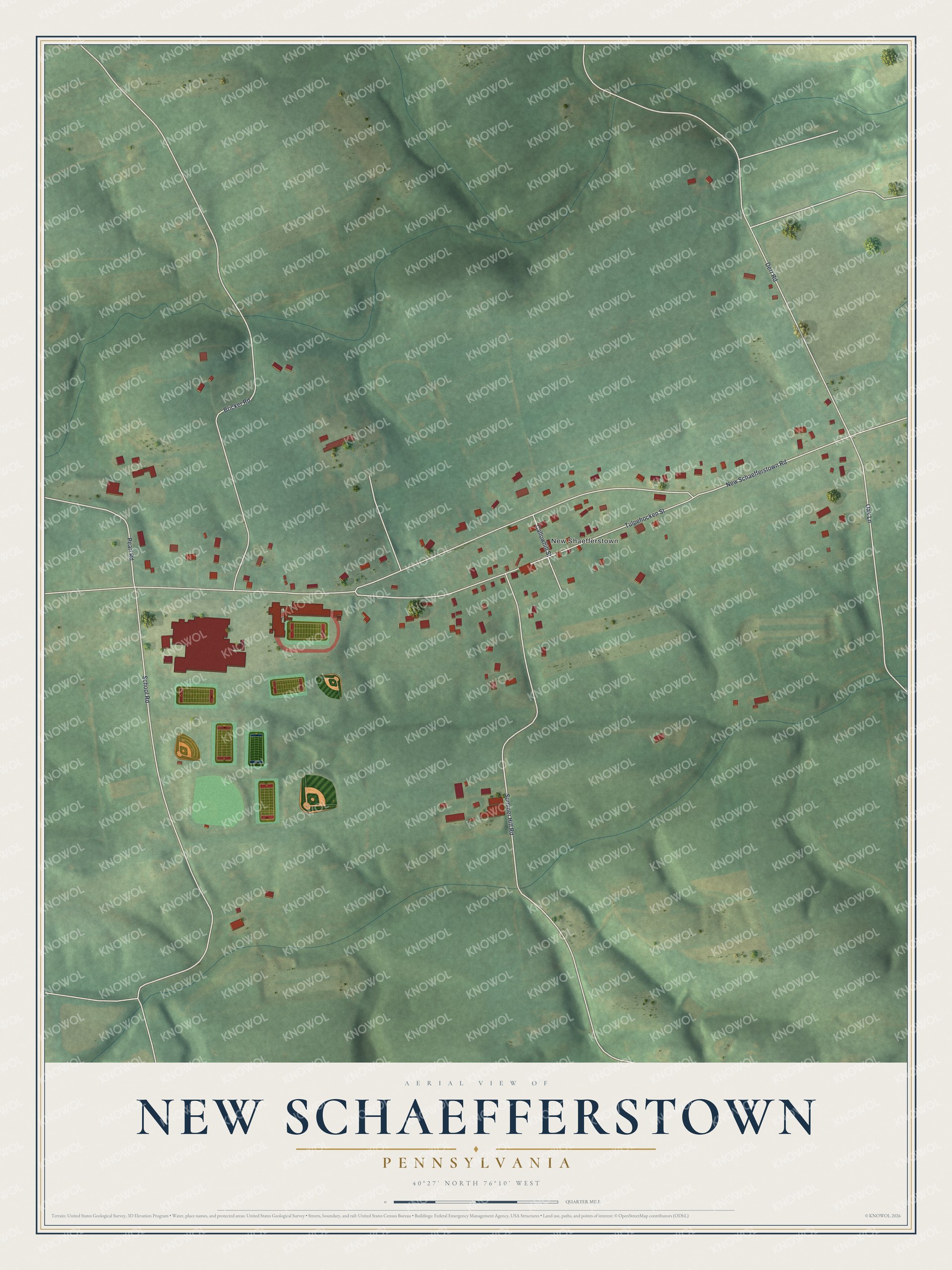 Full map of New Schaefferstown, Pennsylvania, with red buildings, printed street names and the land around them