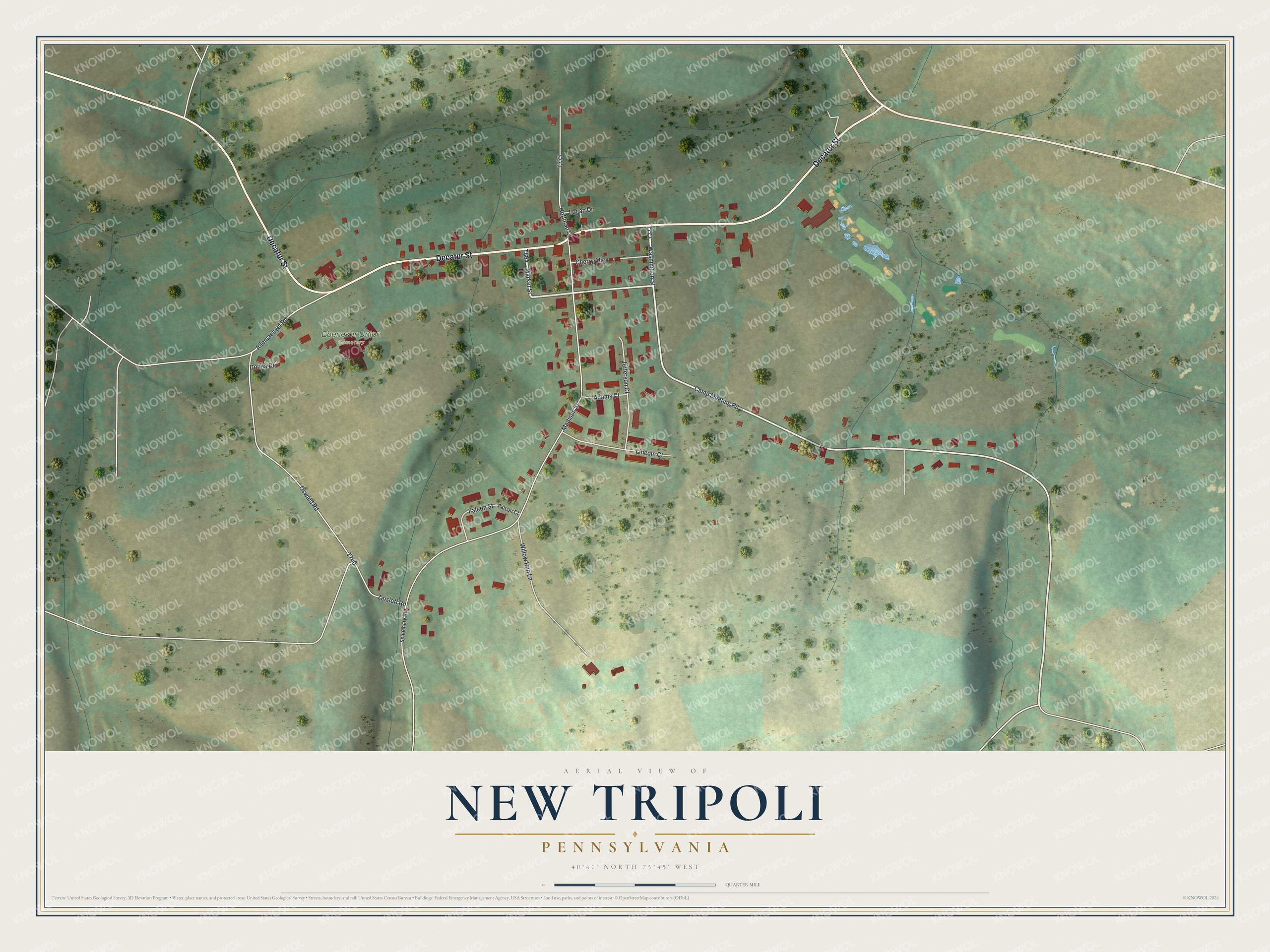 Full map of New Tripoli, Pennsylvania, with red buildings, printed street names and the land around them
