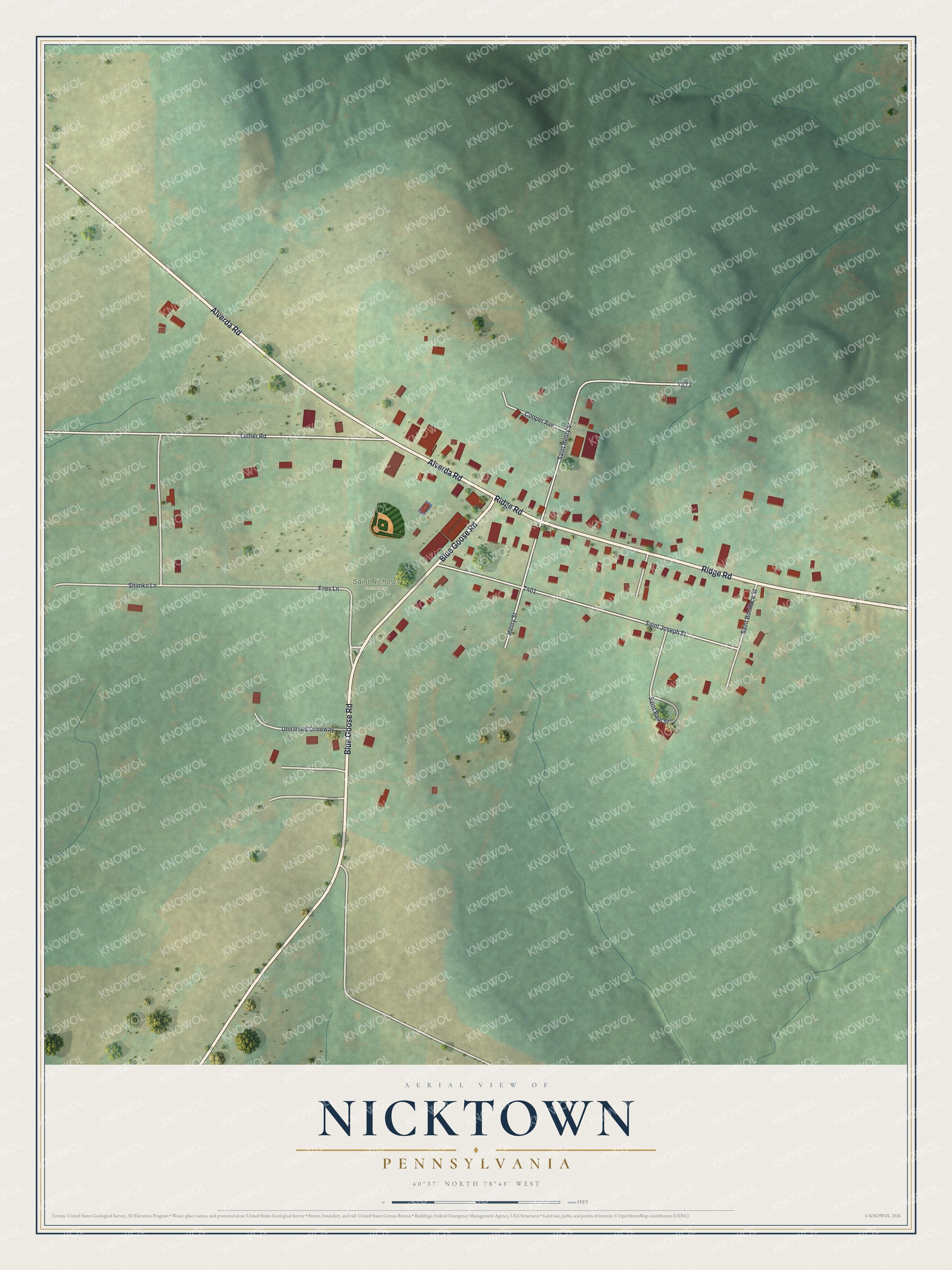 Full map of Nicktown, Pennsylvania, with red buildings, printed street names and the land around them
