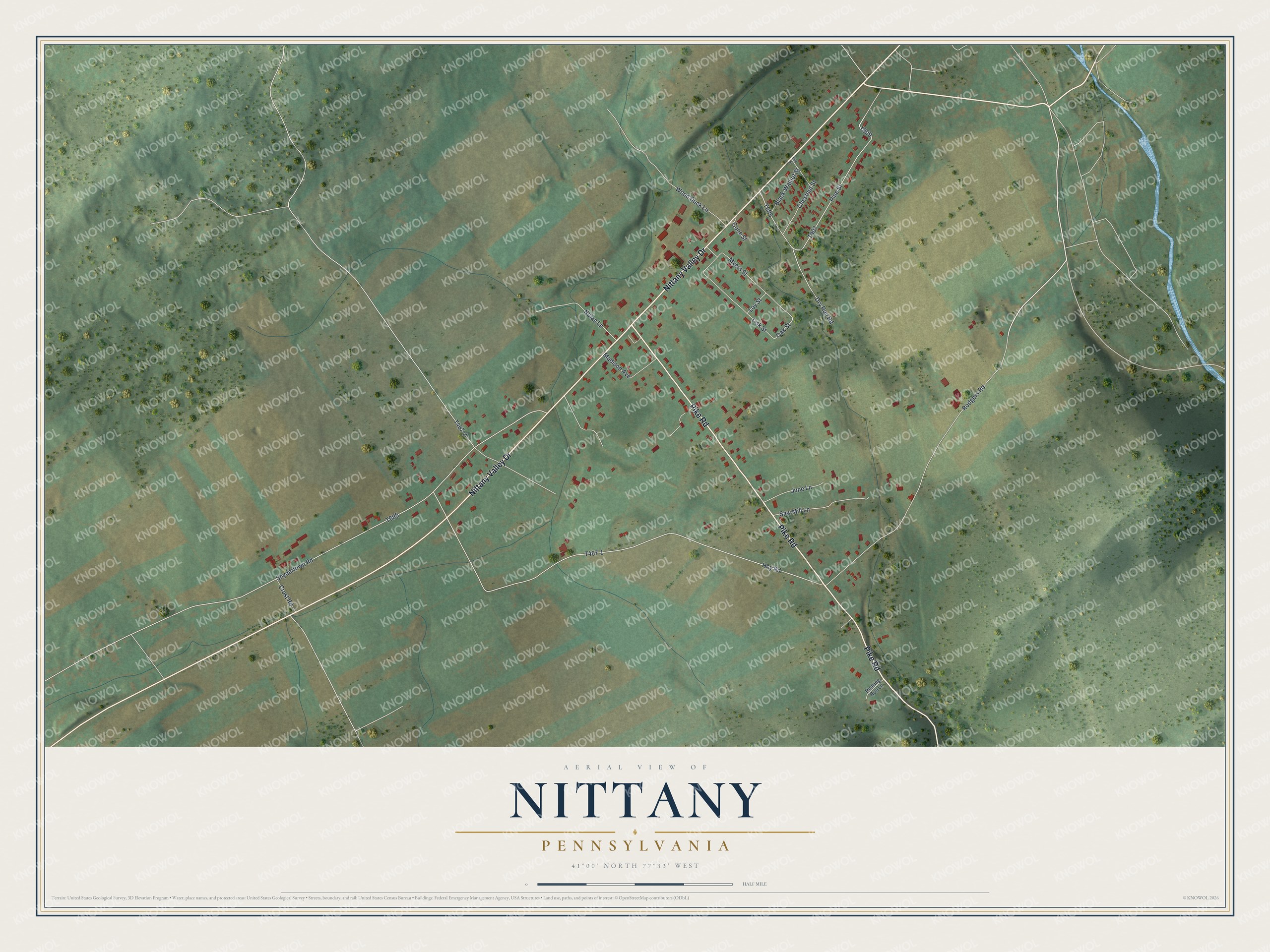 Full map of Nittany, Pennsylvania, with red buildings, printed street names and the land around them