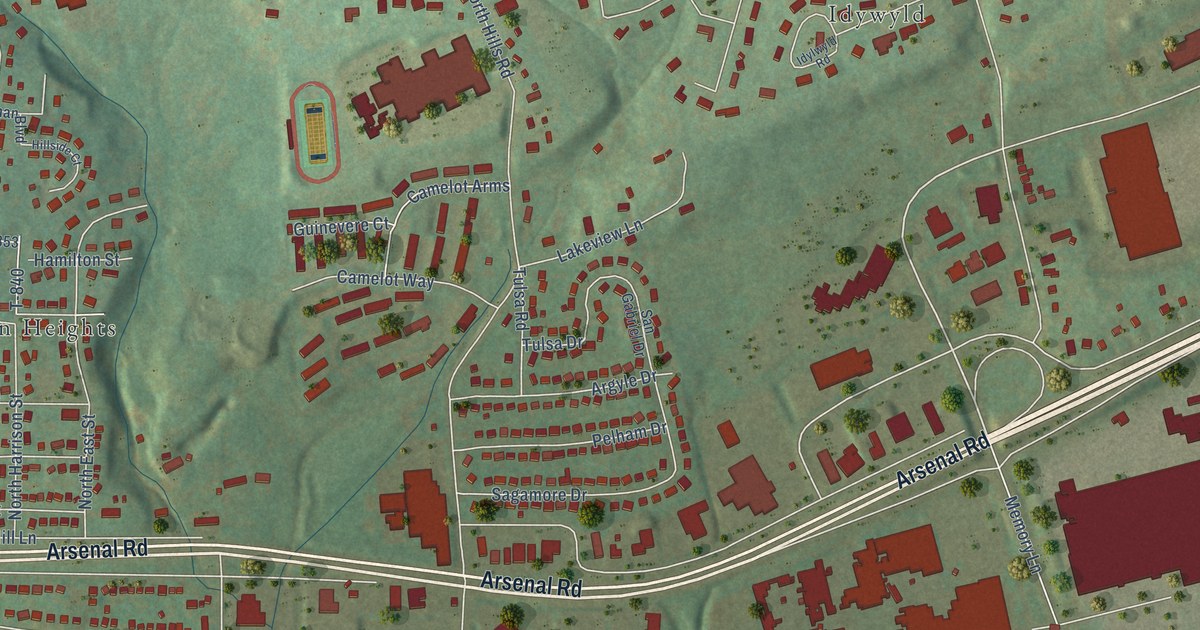 Close-up of streets and buildings in North Hills, Pennsylvania