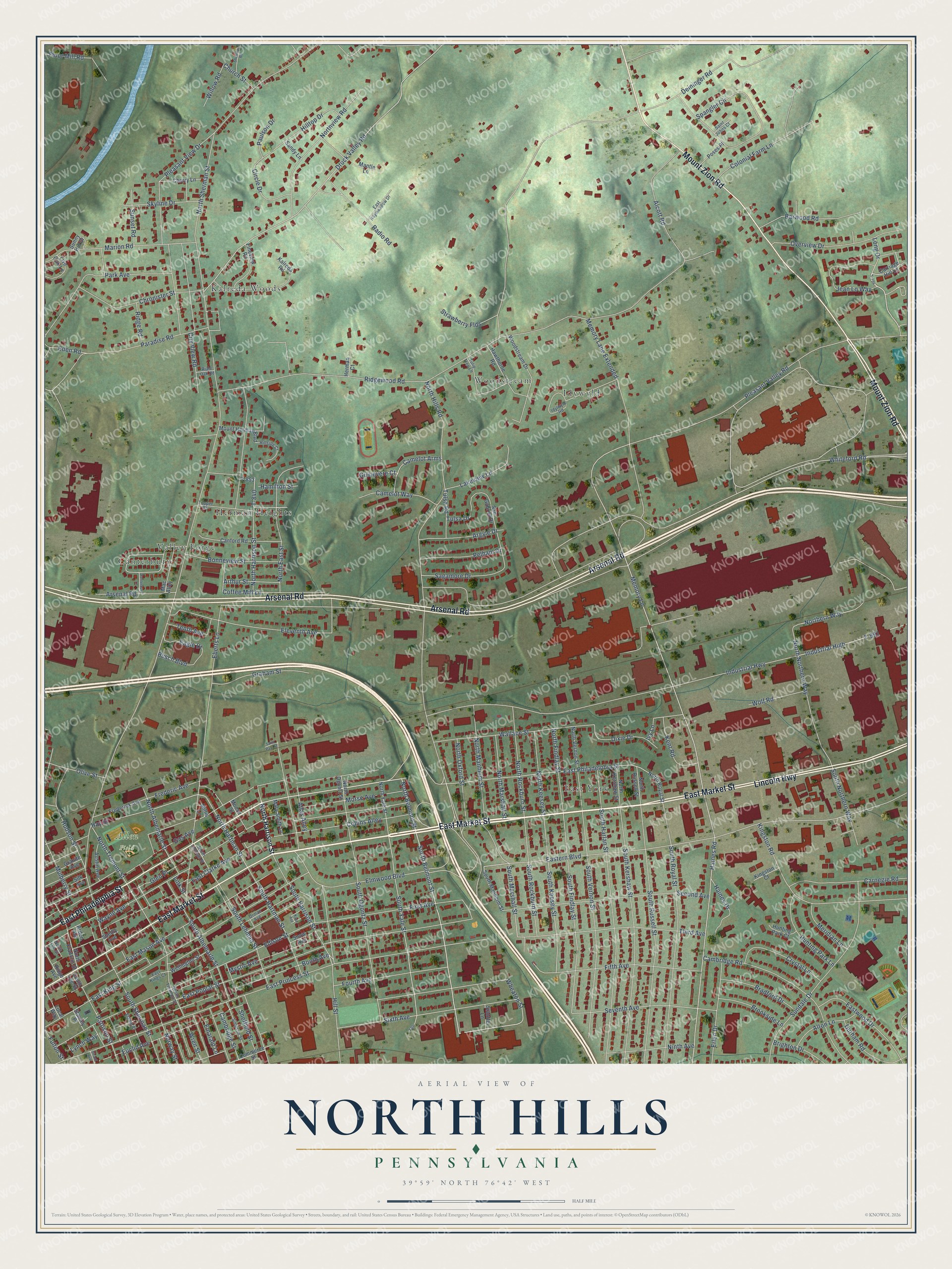 Full map of North Hills, Pennsylvania, with red buildings, printed street names and the land around them