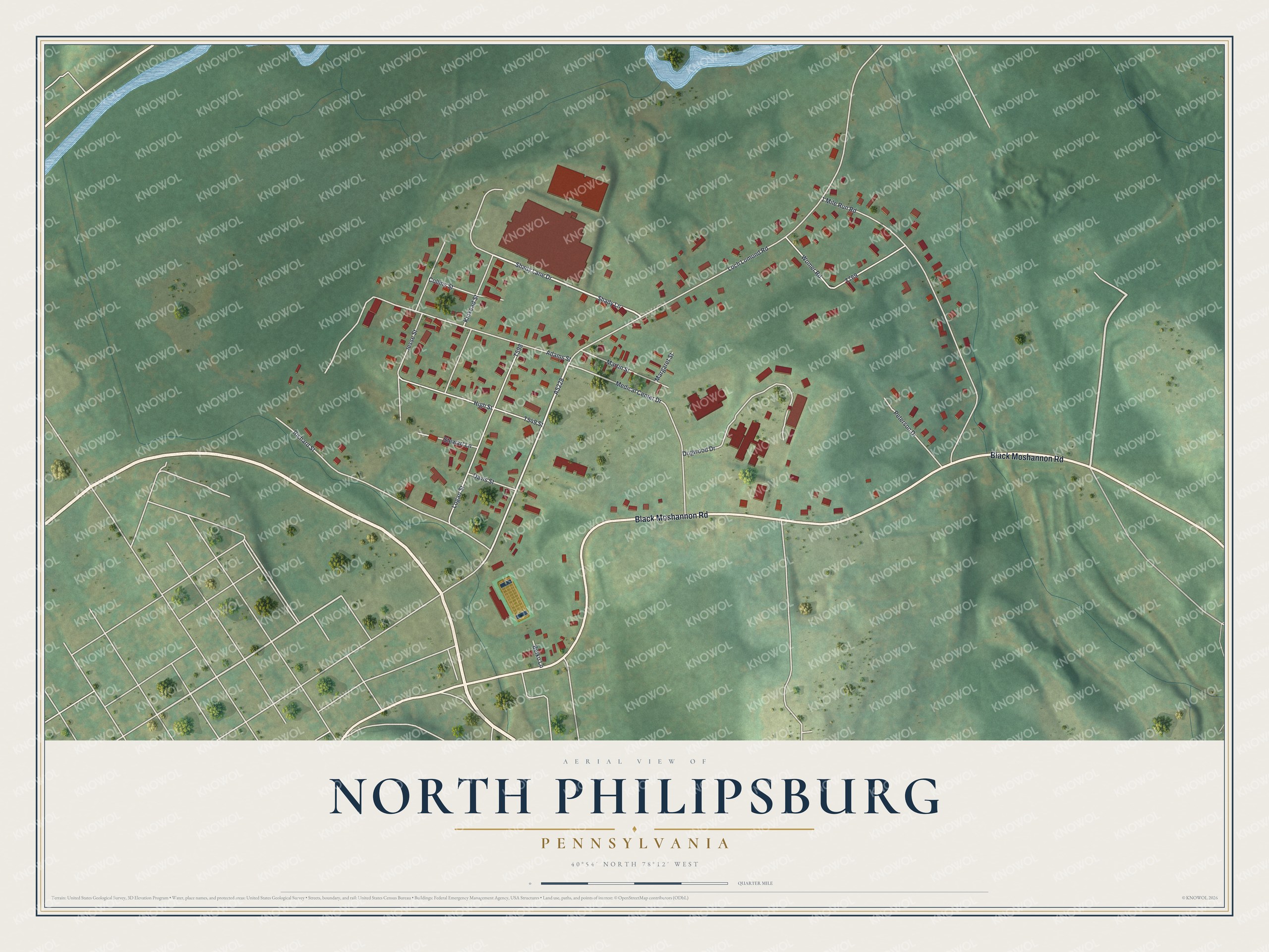 Full map of North Philipsburg, Pennsylvania, with red buildings, printed street names and the land around them
