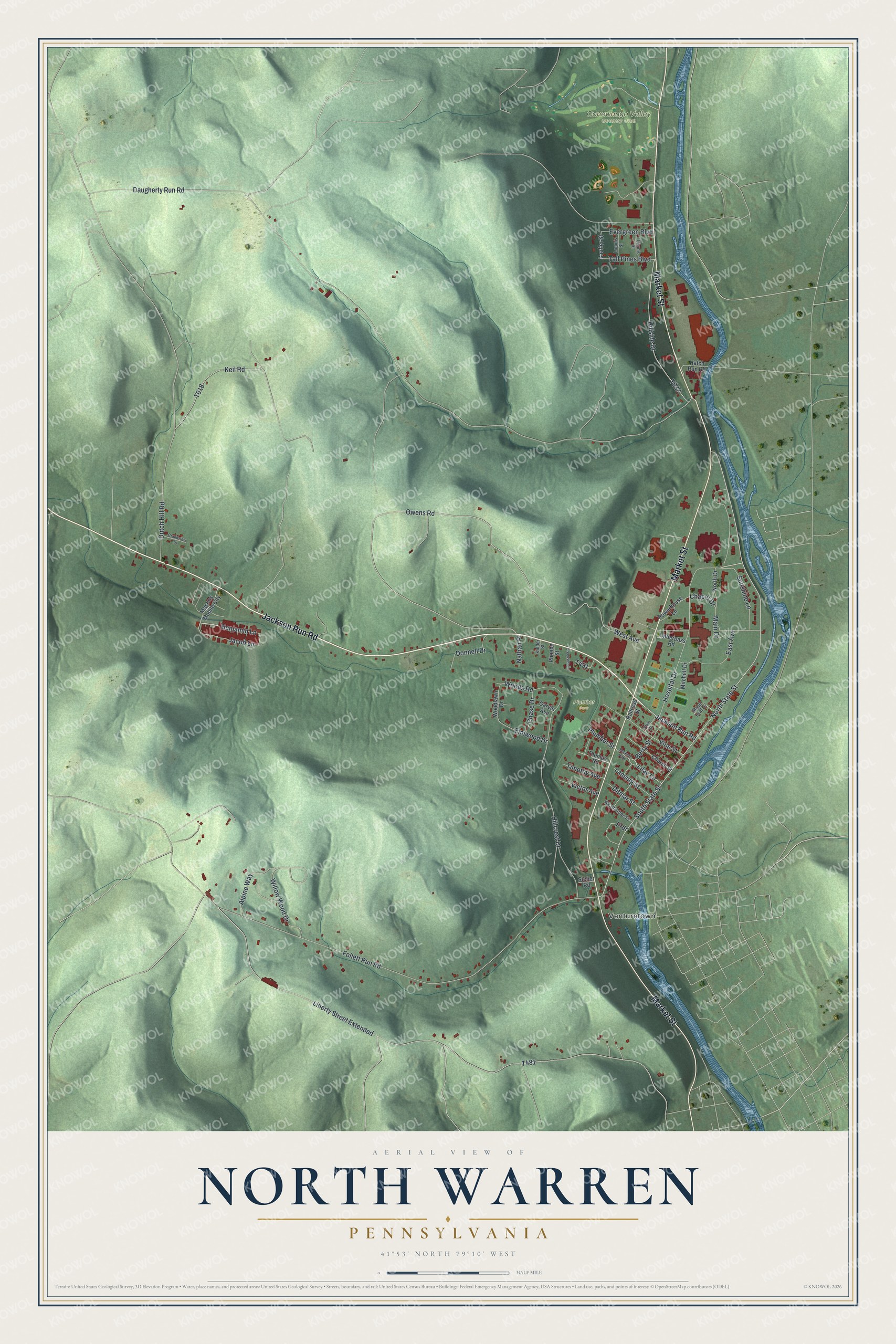 Full map of North Warren, Pennsylvania, with red buildings, printed street names and the land around them
