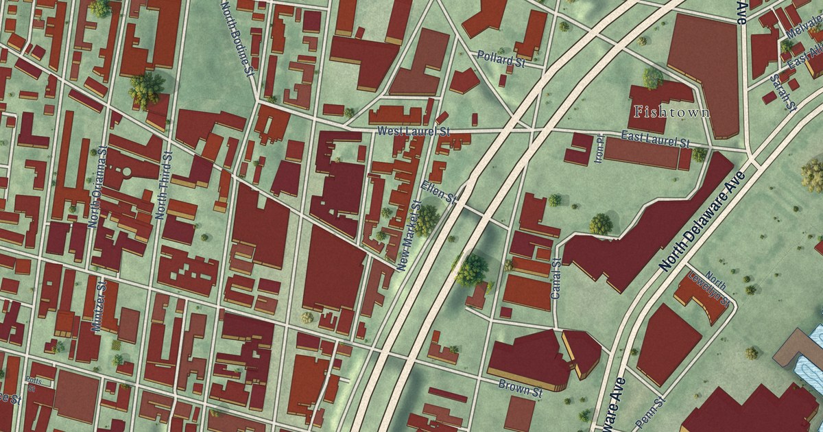 Close-up of streets and buildings in Northern Liberties, Pennsylvania