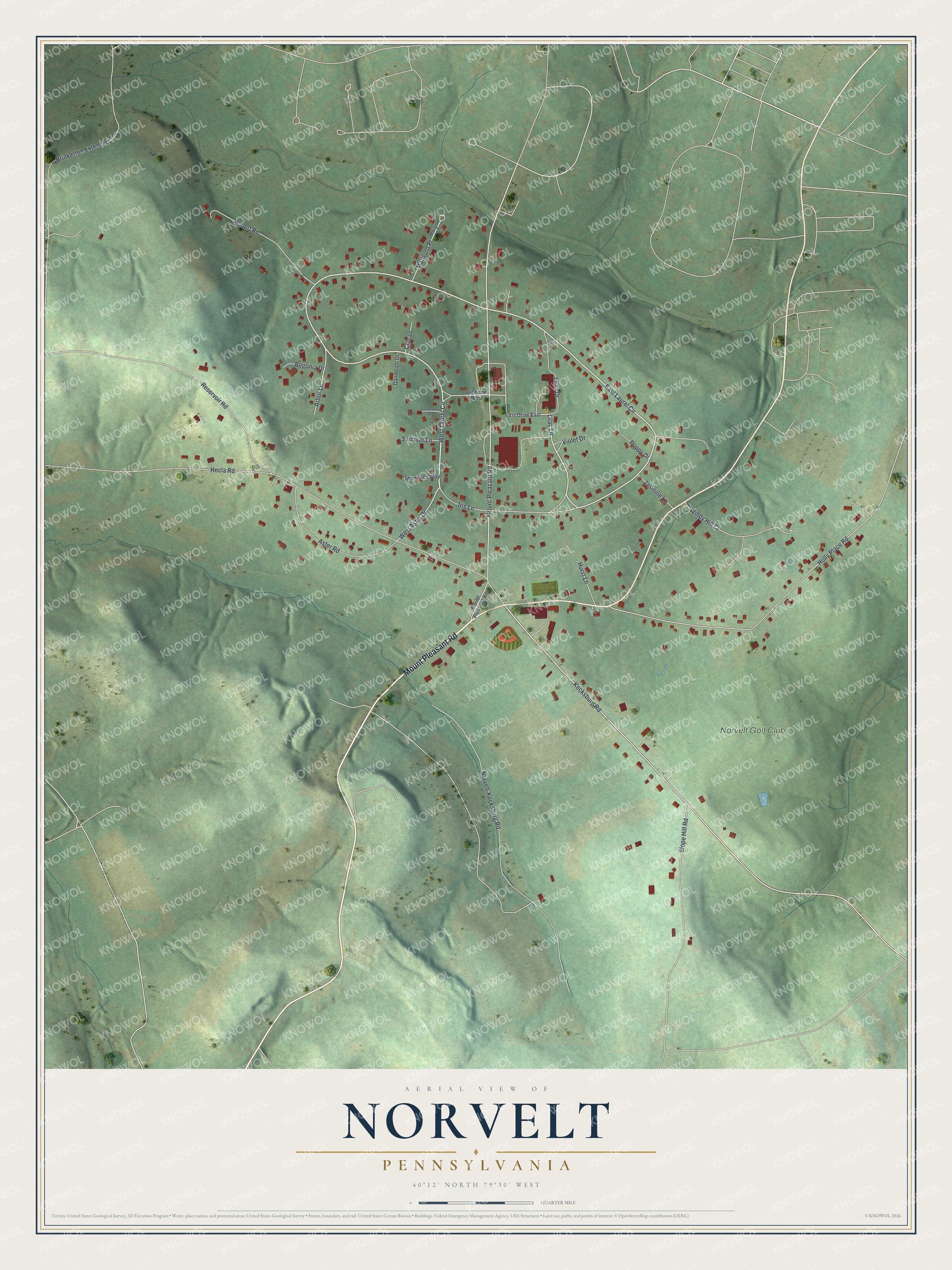 Full map of Norvelt, Pennsylvania, with red buildings, printed street names and the land around them