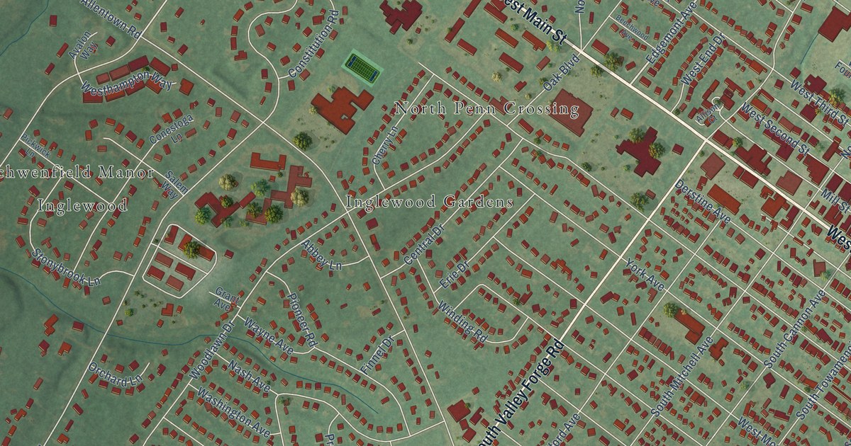 Close-up of streets and buildings in Oak Park, Pennsylvania