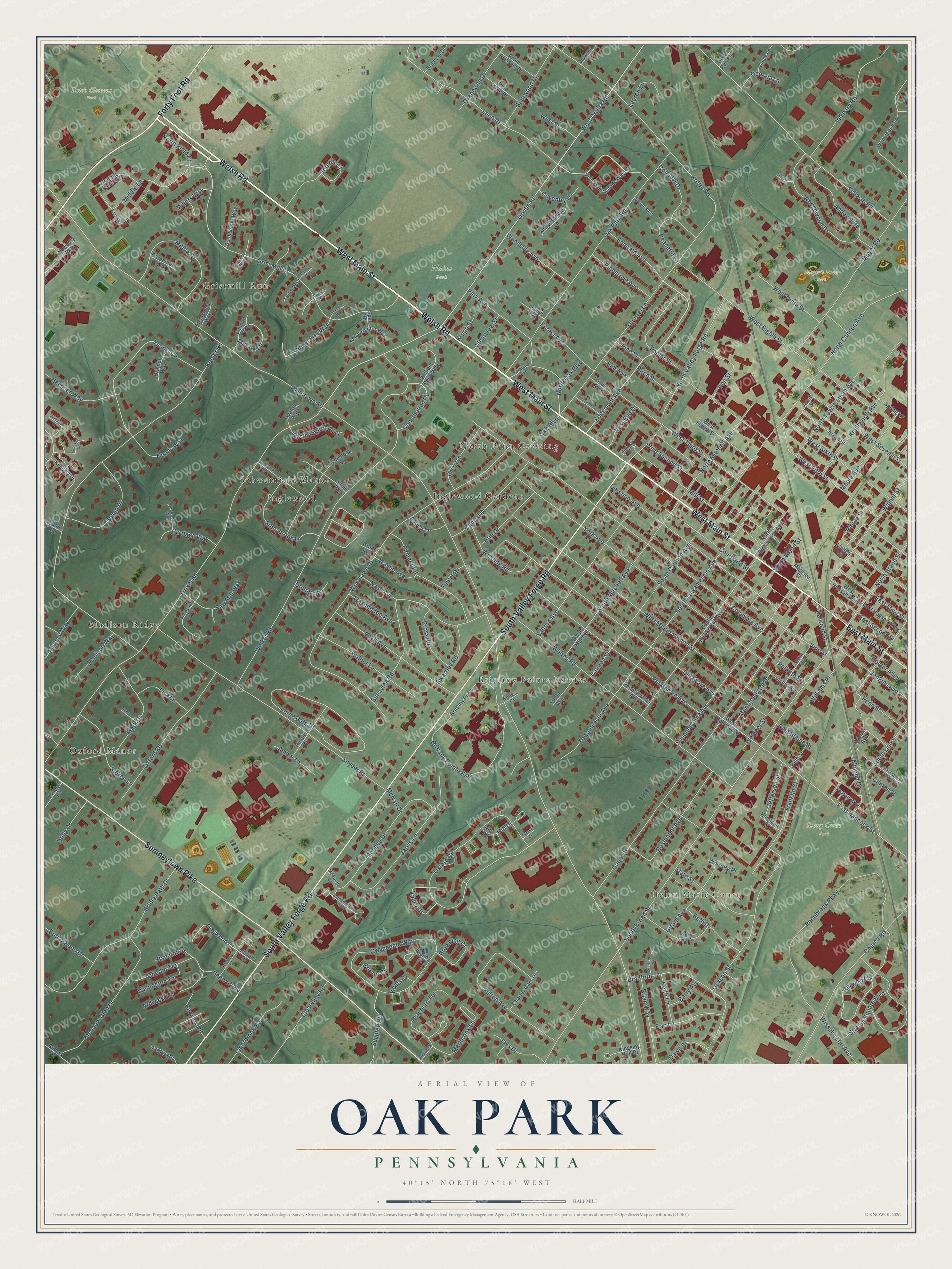 Full map of Oak Park, Pennsylvania, with red buildings, printed street names and the land around them