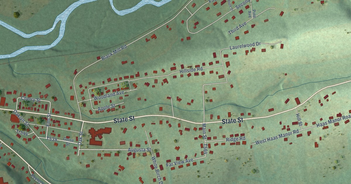 Close-up of streets and buildings in Oaklyn, Pennsylvania