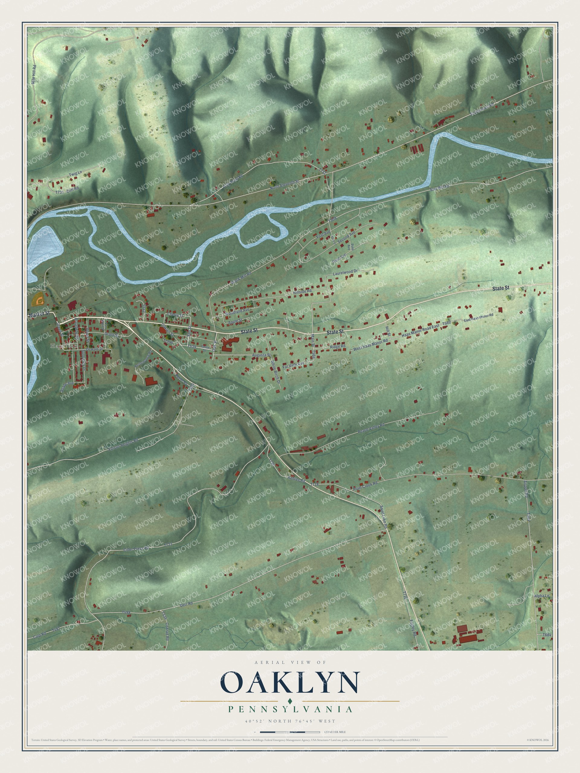 Full map of Oaklyn, Pennsylvania, with red buildings, printed street names and the land around them