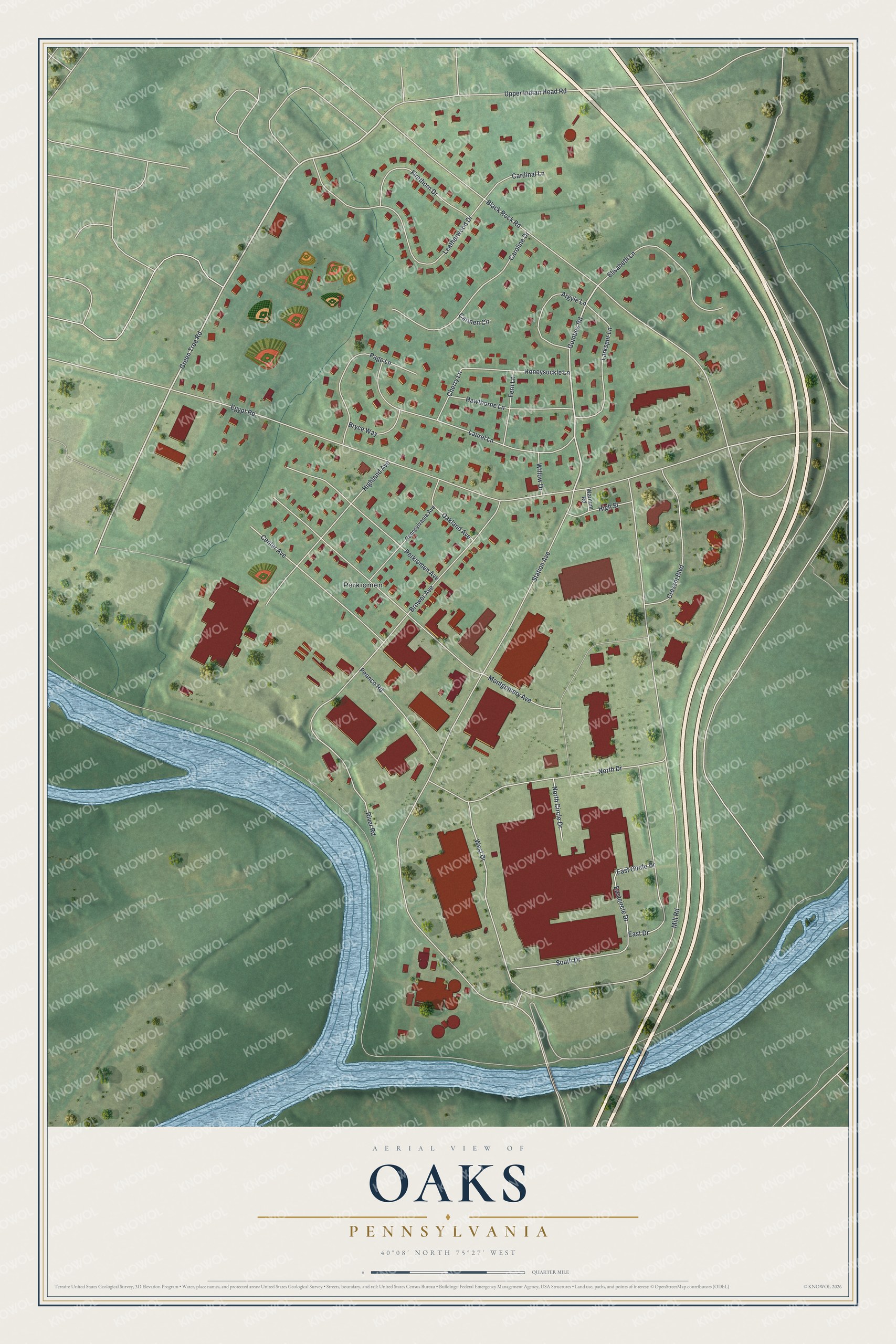 Full map of Oaks, Pennsylvania, with red buildings, printed street names and the land around them