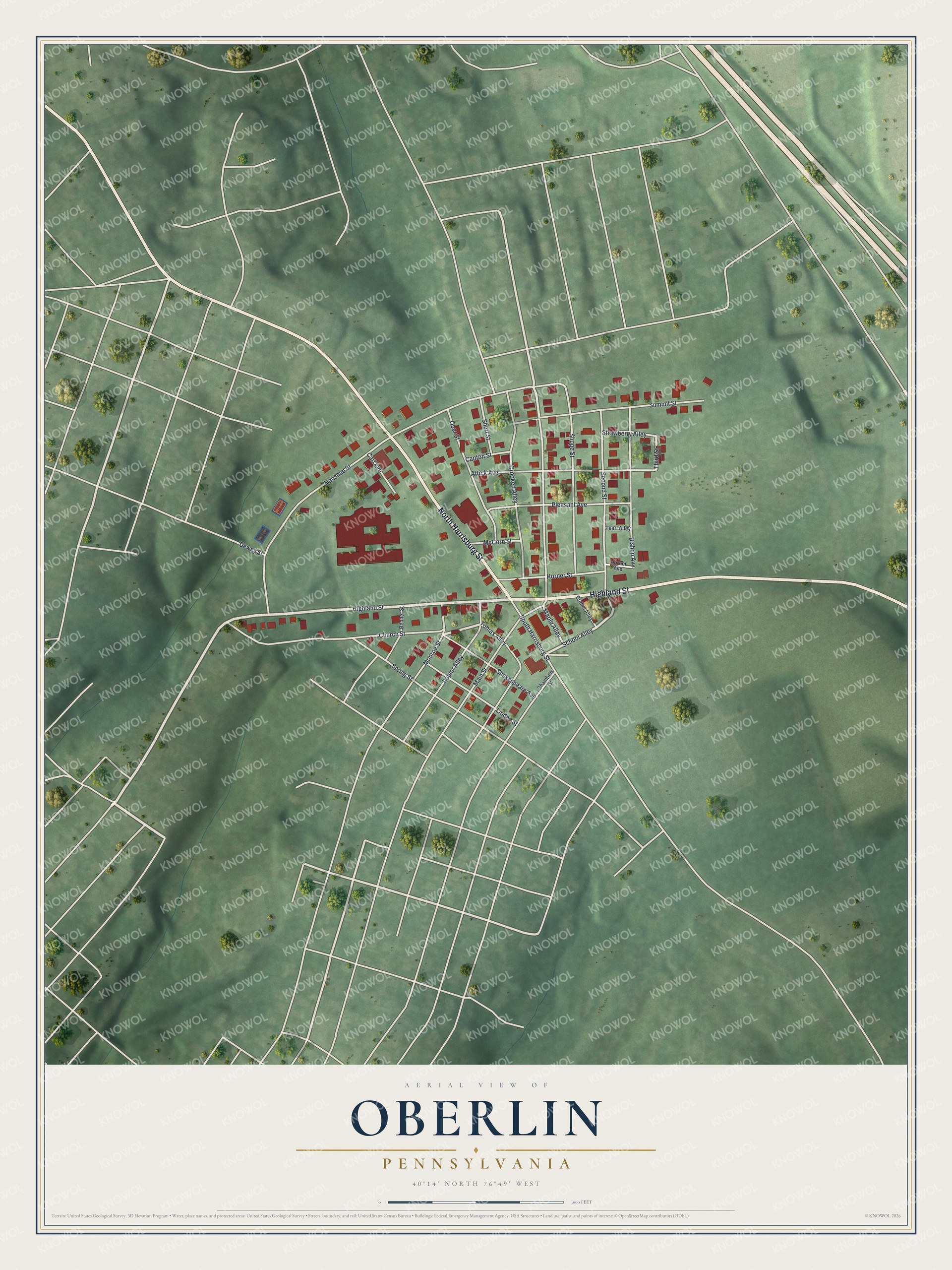 Full map of Oberlin, Pennsylvania, with red buildings, printed street names and the land around them