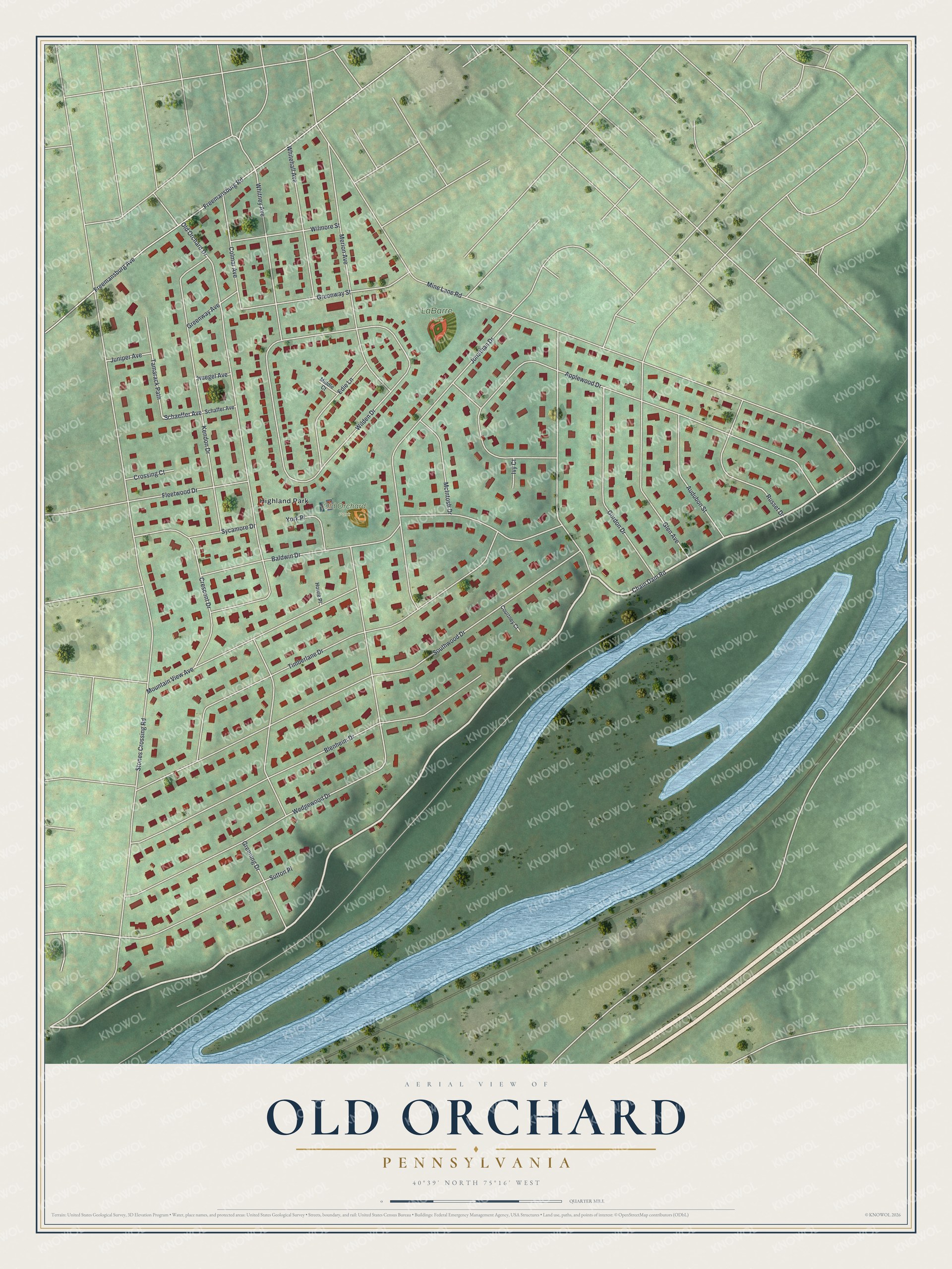 Full map of Old Orchard, Pennsylvania, with red buildings, printed street names and the land around them