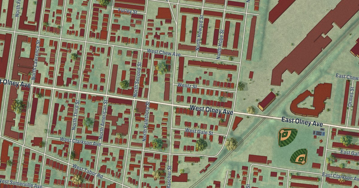 Close-up of streets and buildings in Olney, Pennsylvania