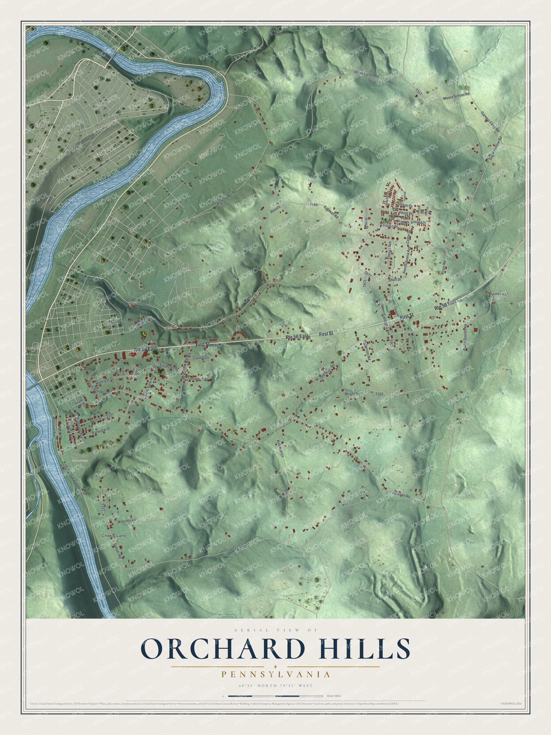 Full map of Orchard Hills, Pennsylvania, with red buildings, printed street names and the land around them